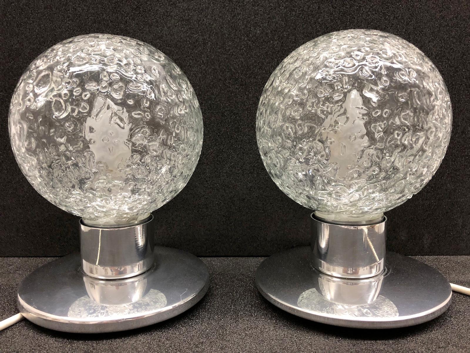 Aluminum Pair of Petite Doria Leuchten Ice Glass Ball Side or Table Lamps, 1960s, German