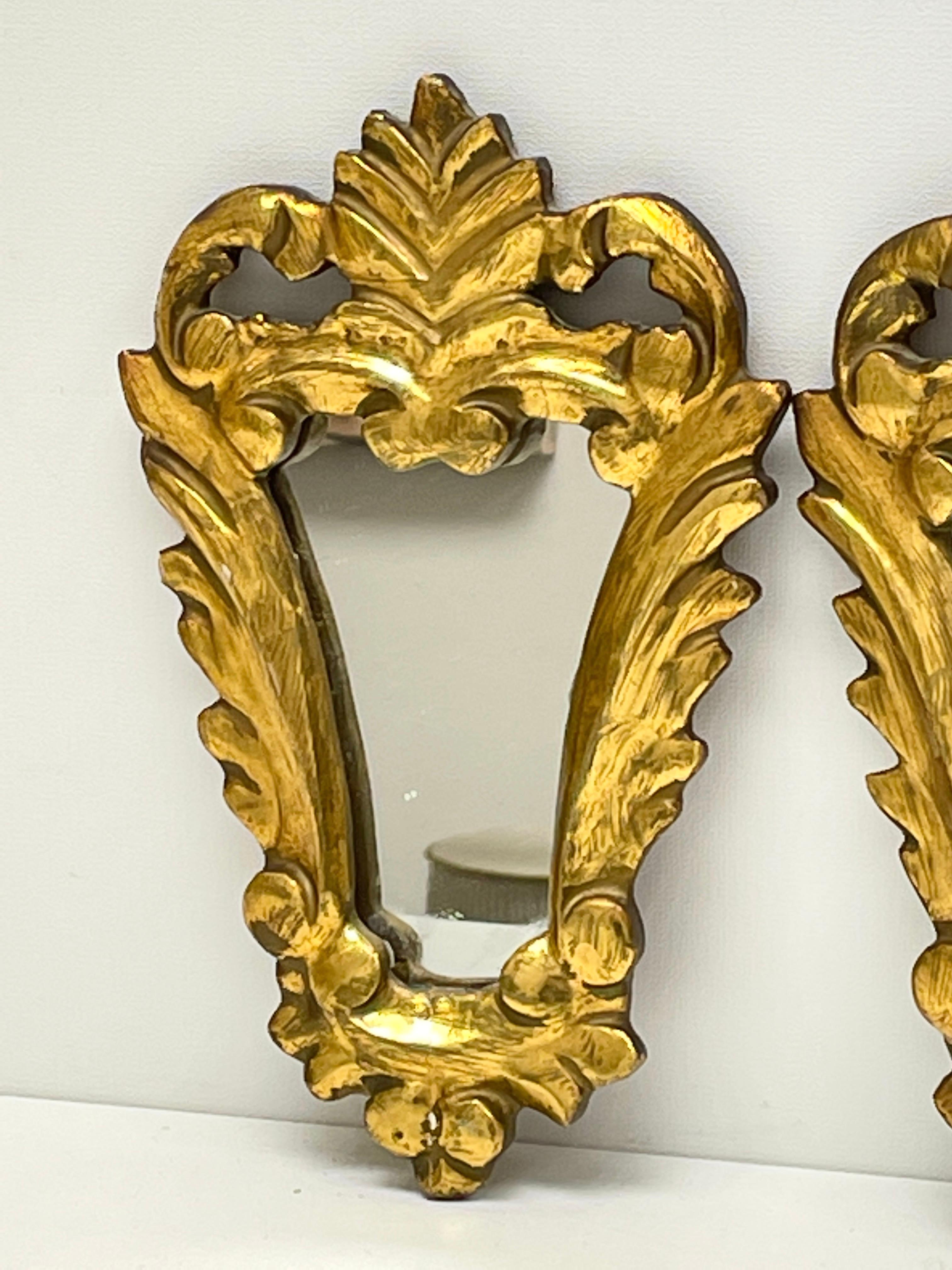 Hollywood Regency Pair Petite Italian Tole Toleware Chic Gilt Wood Mirror, circa 1950s