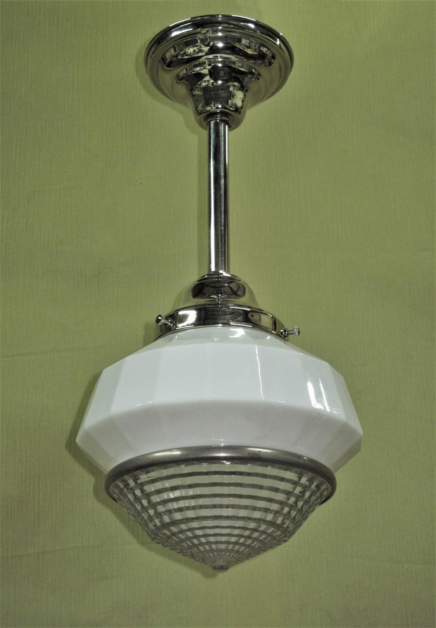On the smaller size as far as the schoolhouse style of lighting goes, but just the right size for a smaller kitchen light fixture or a couple of nice pendants in the bathroom.
Priced each and both match. Patent number on the metal ring dates these