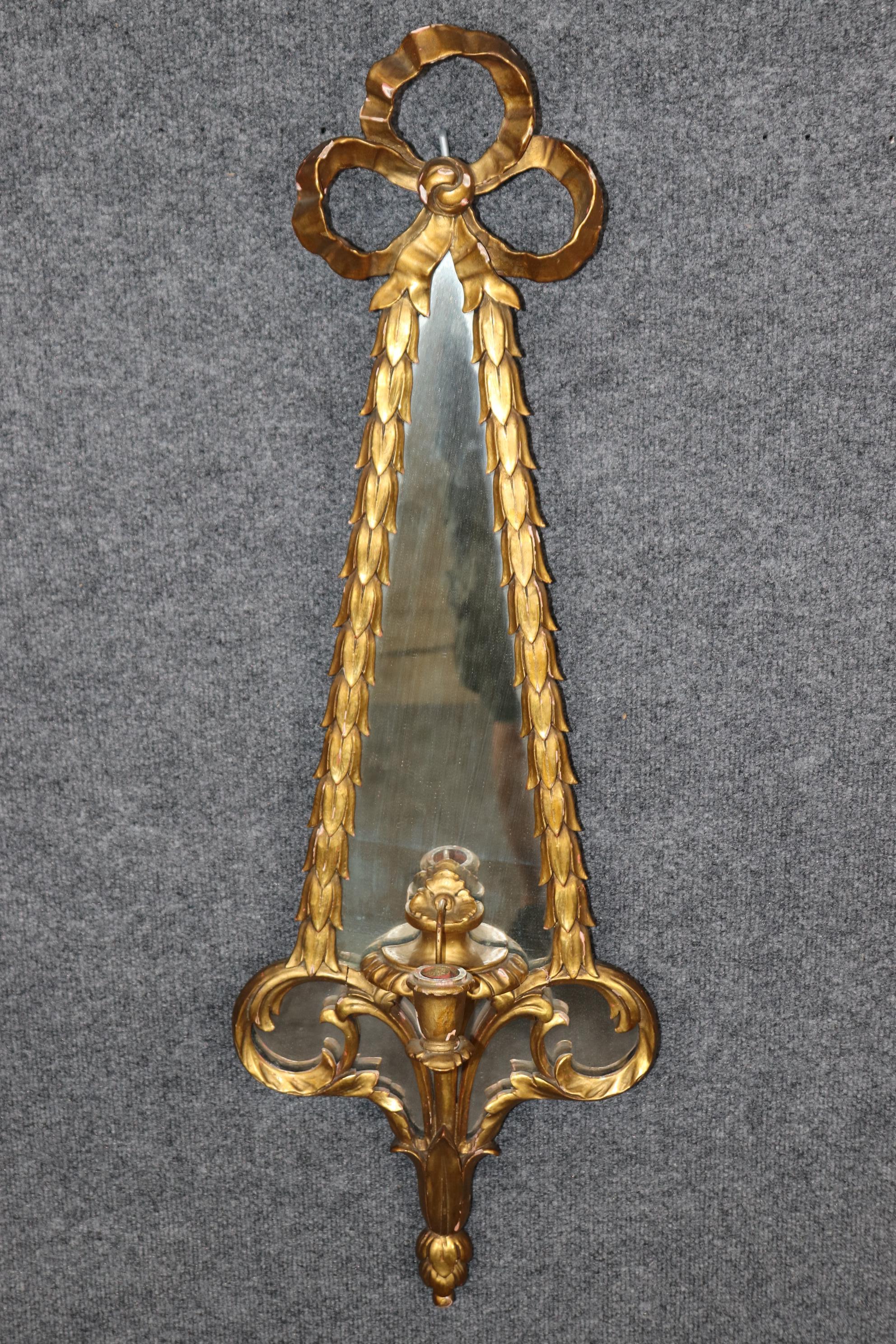 Rococo Revival Pair Petite Single Candle Italian Rococo Style Gold Gilt Mirrored Sconces For Sale
