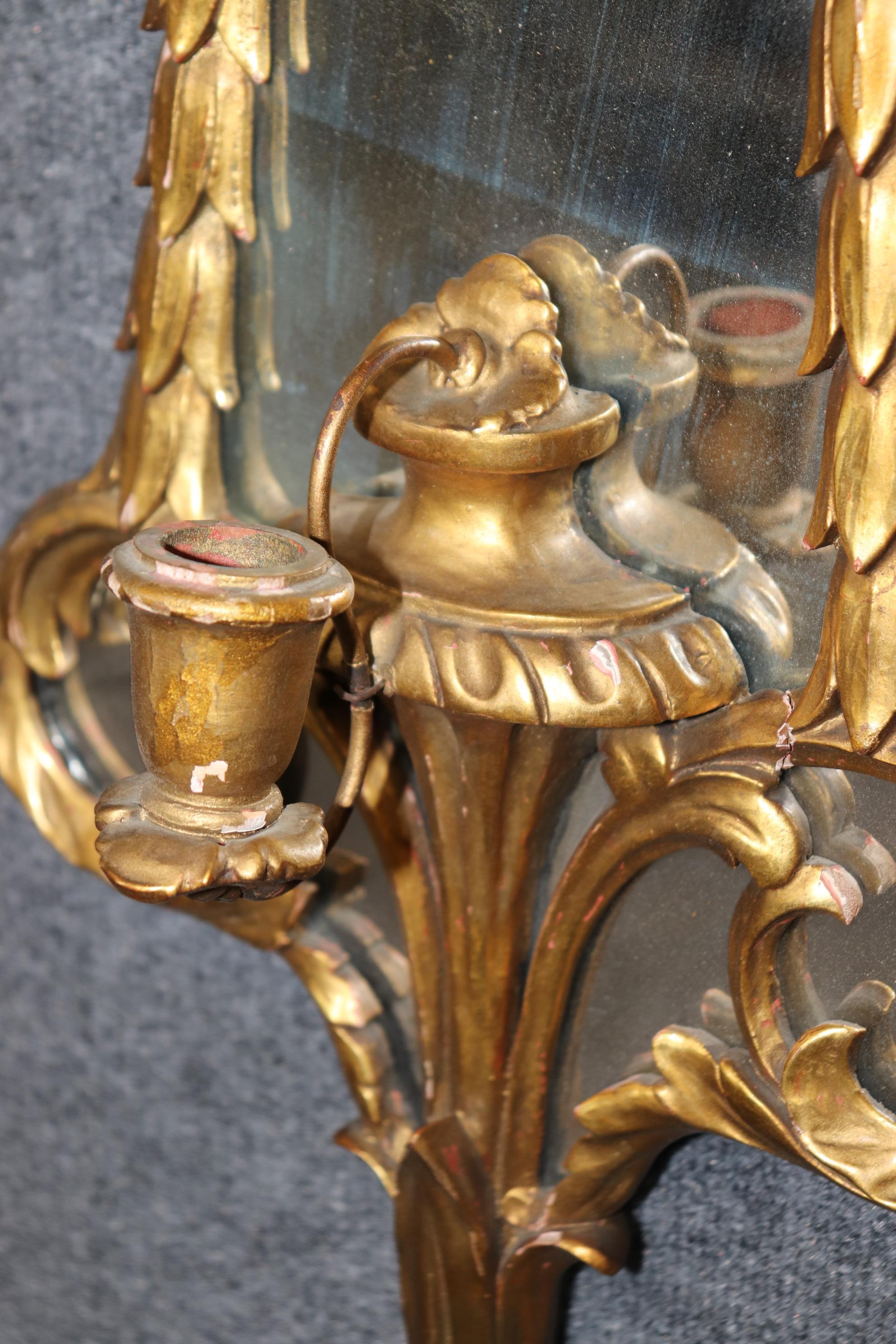 Pair Petite Single Candle Italian Rococo Style Gold Gilt Mirrored Sconces For Sale 1