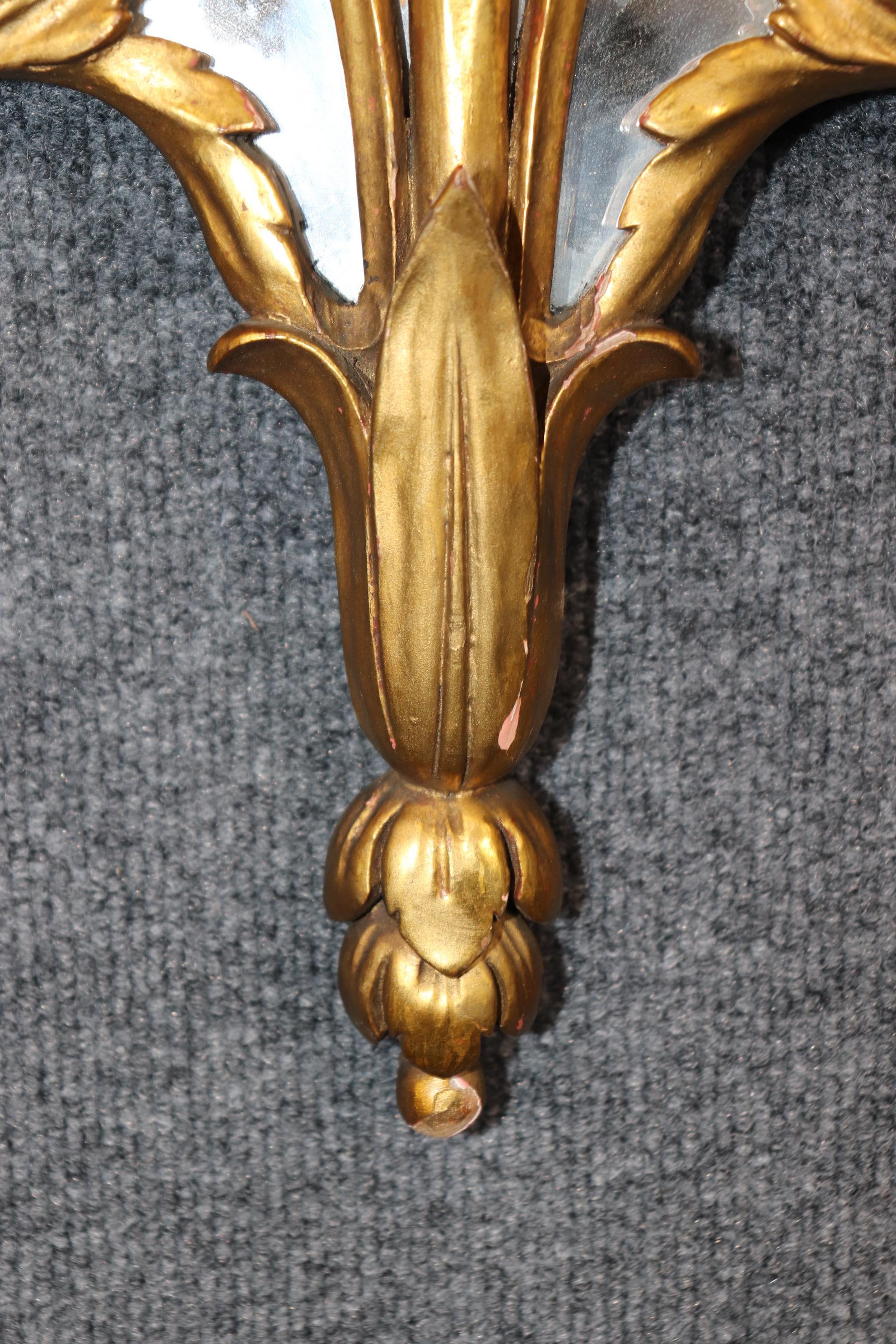 Pair Petite Single Candle Italian Rococo Style Gold Gilt Mirrored Sconces For Sale 2