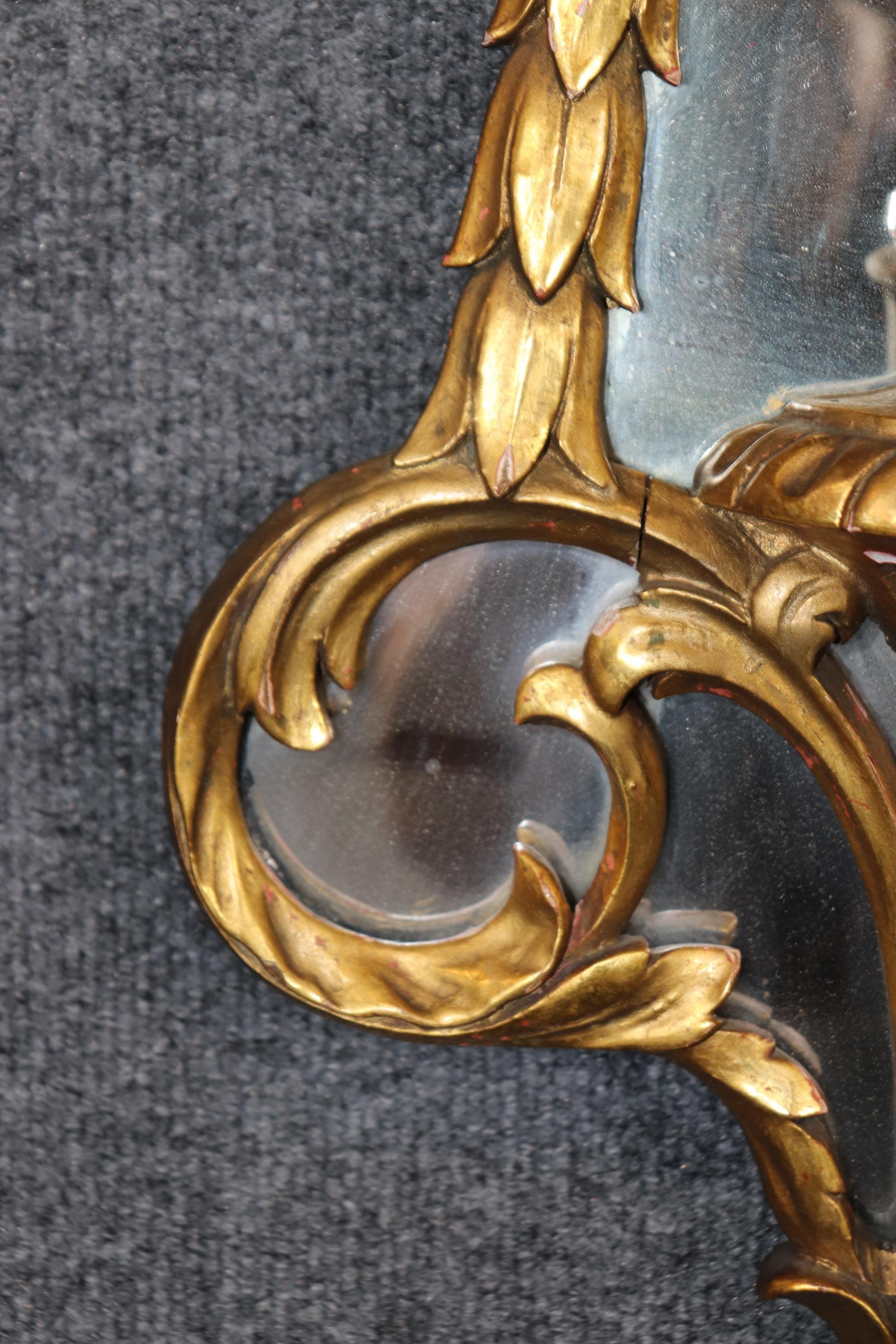 Pair Petite Single Candle Italian Rococo Style Gold Gilt Mirrored Sconces For Sale 3