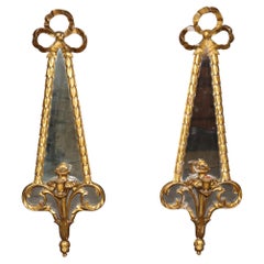 Pair Petite Single Candle Italian Rococo Style Gold Gilt Mirrored Sconces