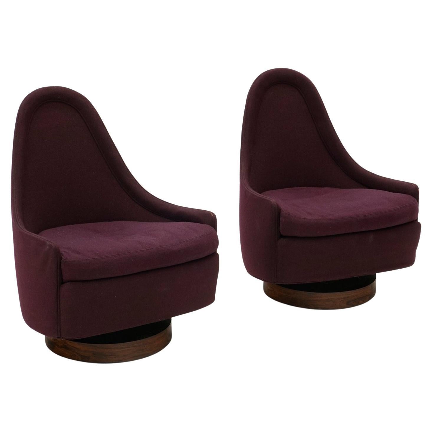 Pair Petite Tilt Swivel Chairs by Milo Baughman w/ Rare Rosewood Base, Signed For Sale