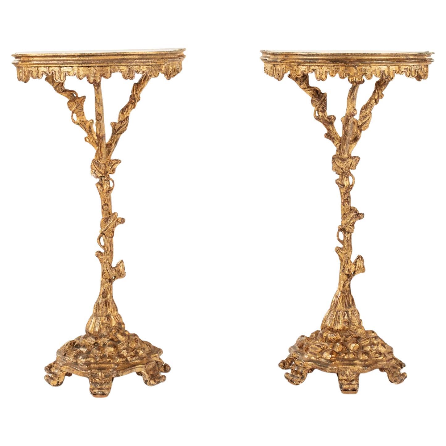 Pair Petite Venetian Polychromed Giltwood Console Tables