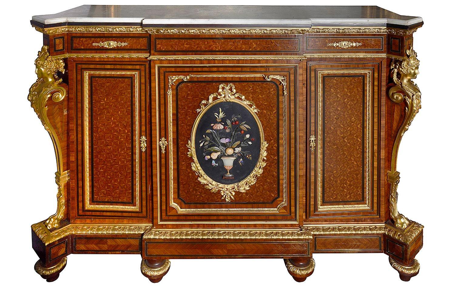 French Pair Petra dura inlaid side cabinets, 19th Century. For Sale