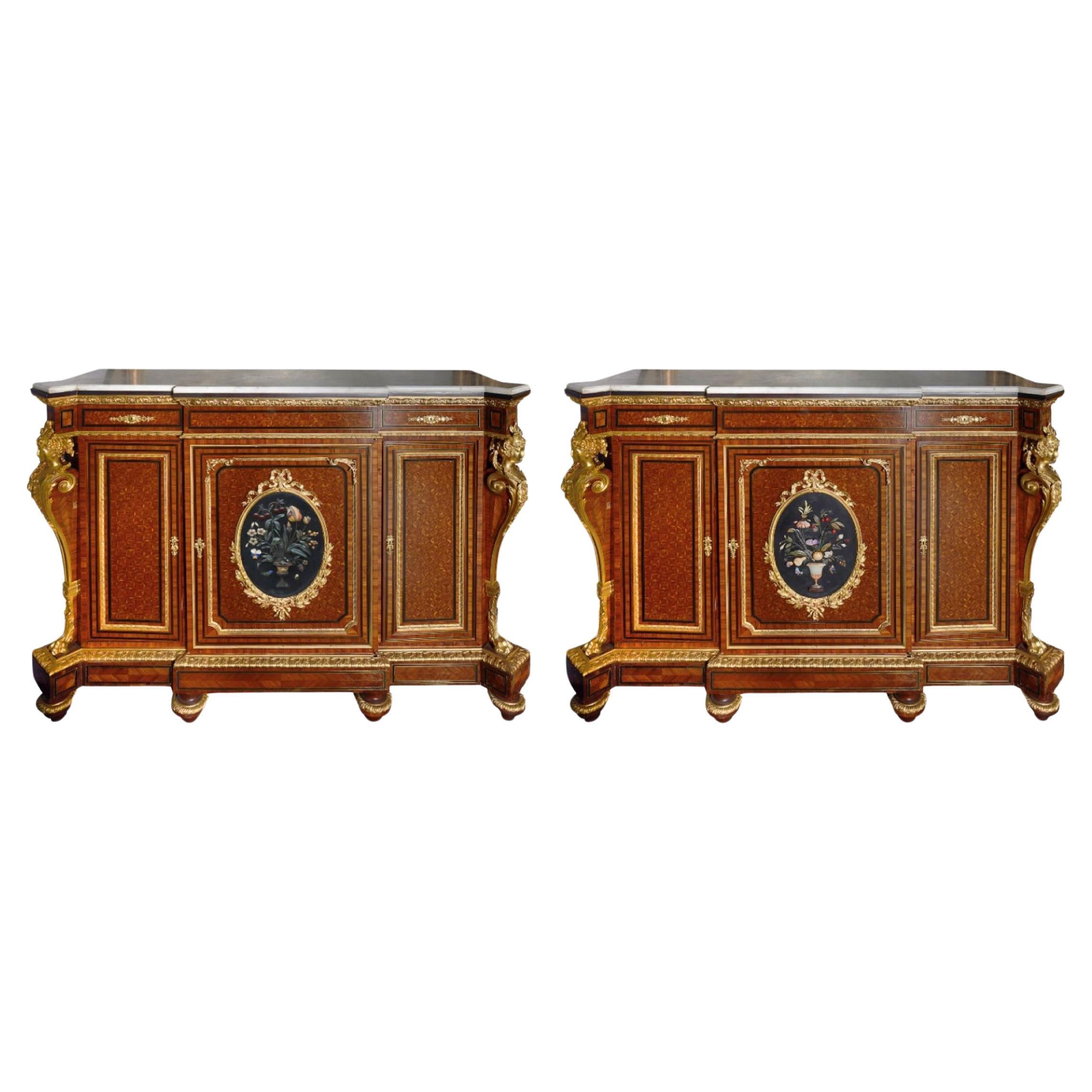 Pair Petra dura inlaid side cabinets, 19th Century. For Sale