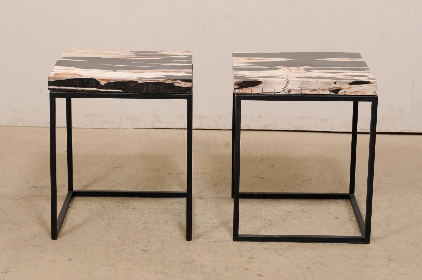 Pair Petrified Wood Top Side Tables on Custom Black Iron Bases  5