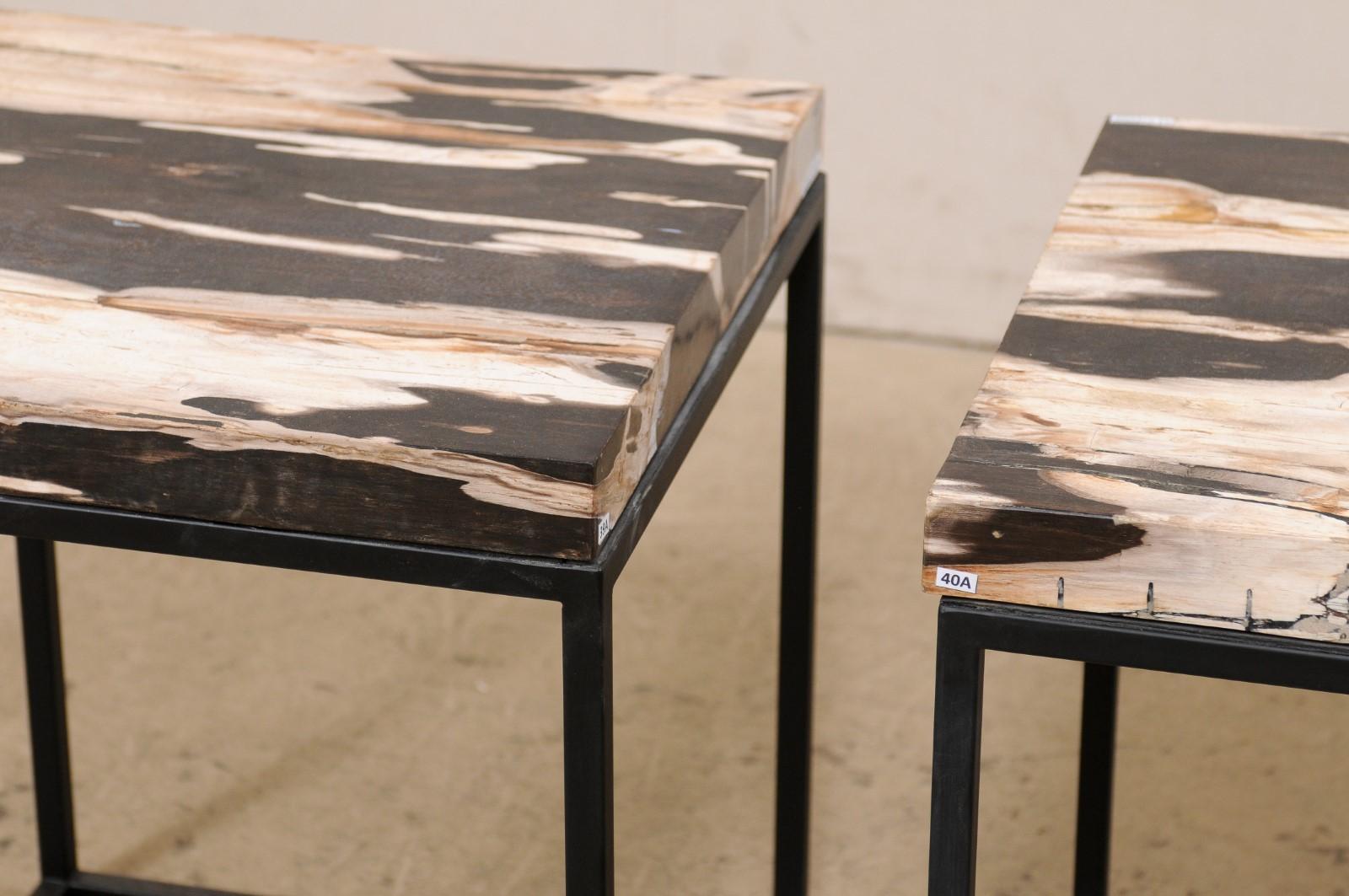 Pair Petrified Wood Top Side Tables on Custom Black Iron Bases  6