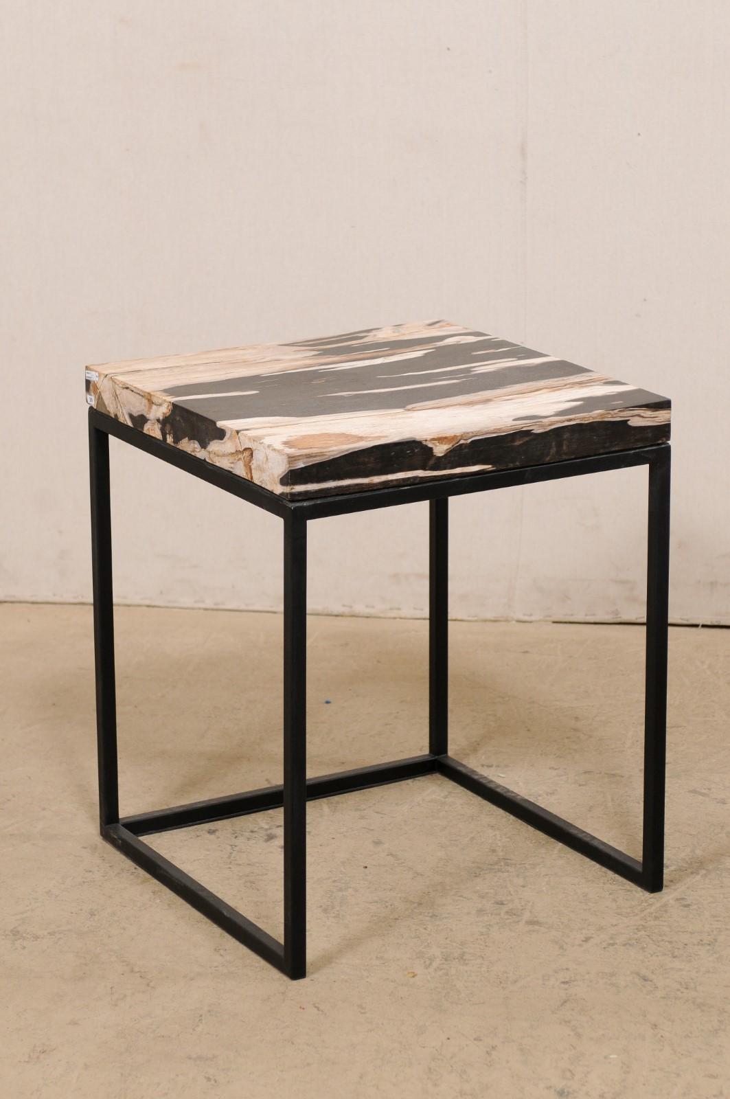 American Pair Petrified Wood Top Side Tables on Custom Black Iron Bases 