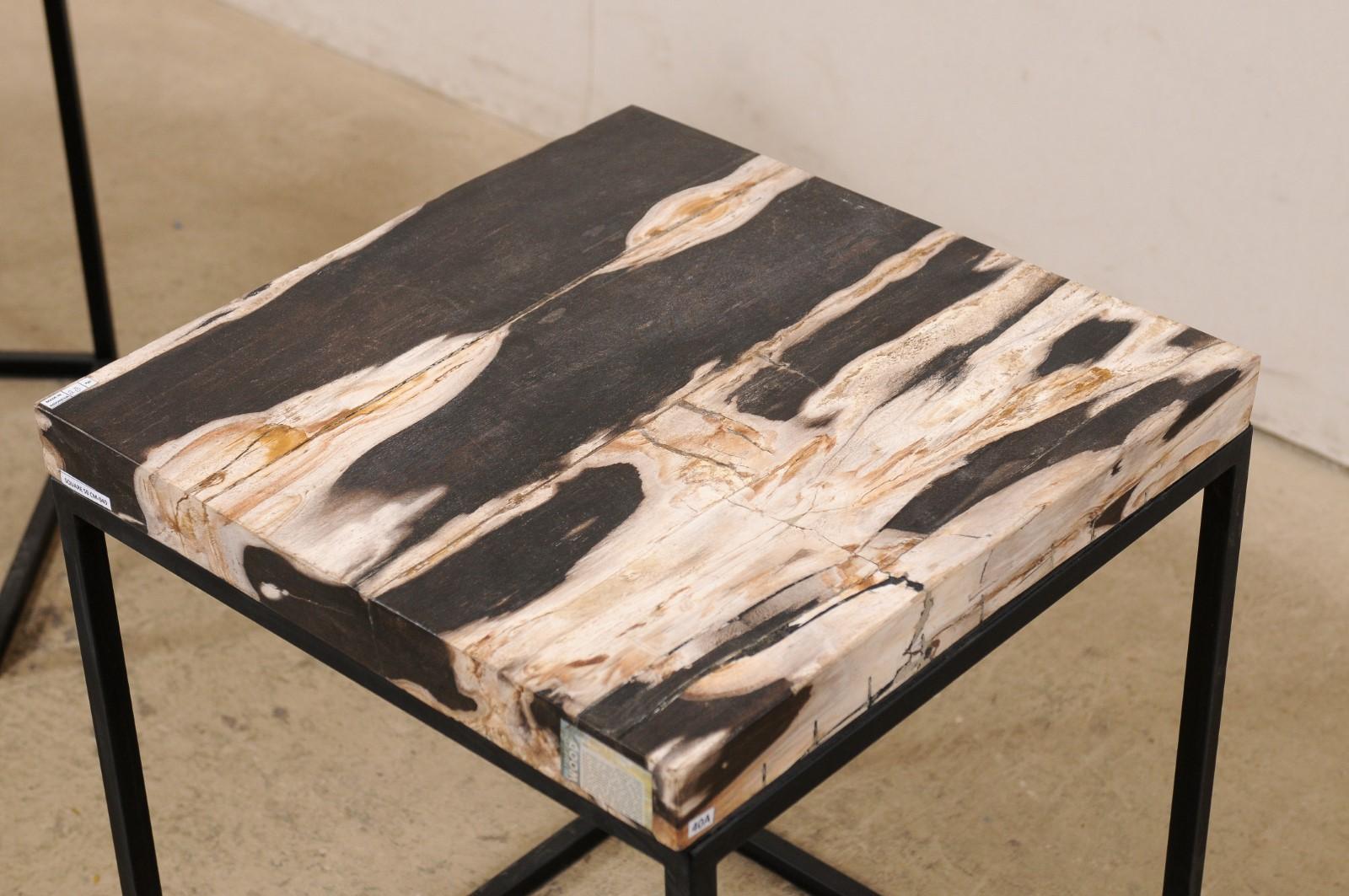 Pair Petrified Wood Top Side Tables on Custom Black Iron Bases  1