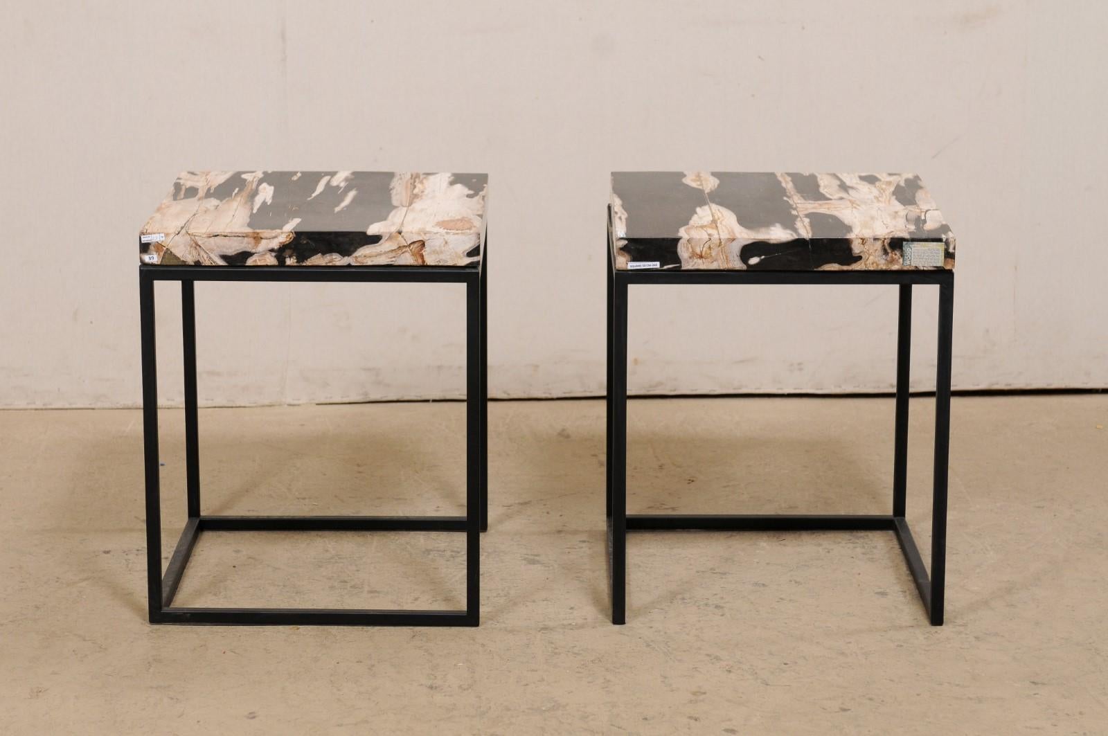 Pair Petrified Wood Top Side Tables on Custom Black Iron Bases  2