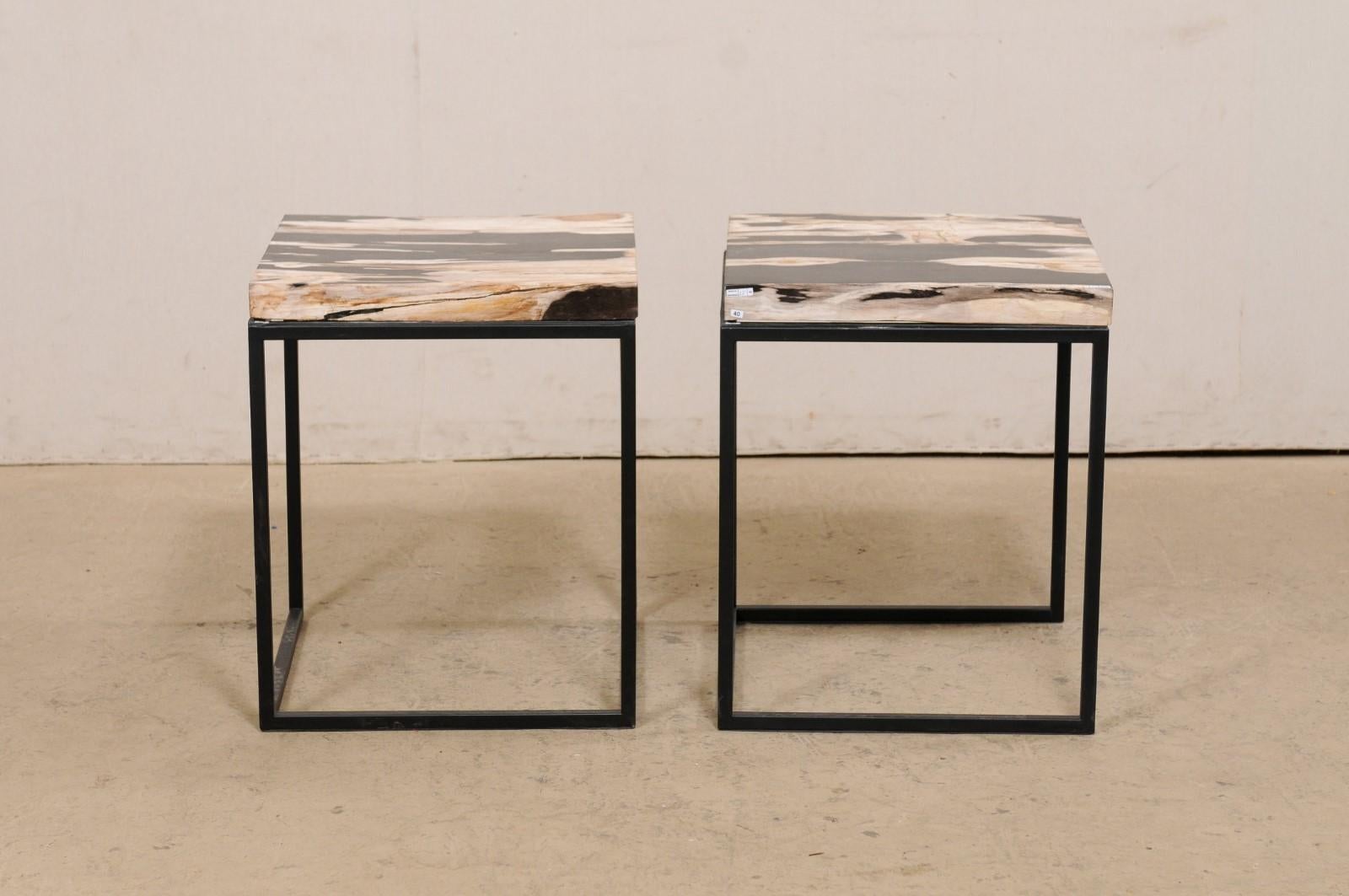 Pair Petrified Wood Top Side Tables on Custom Black Iron Bases  3