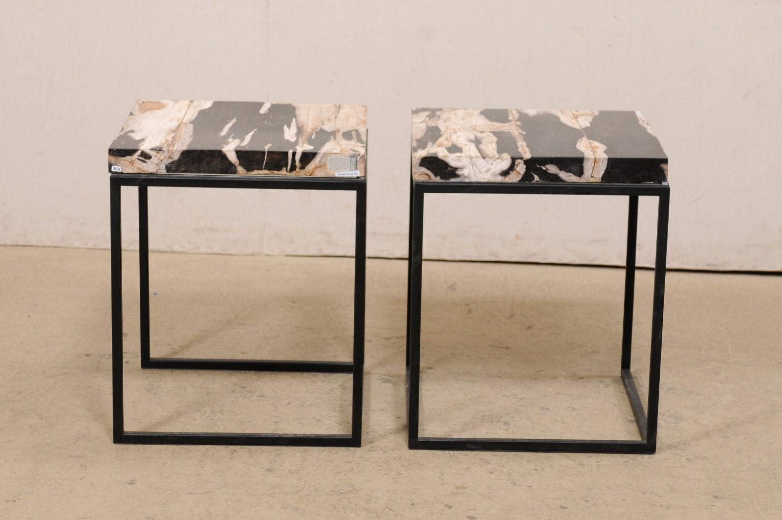 Pair Petrified Wood Top Side Tables on Custom Black Iron Bases  4