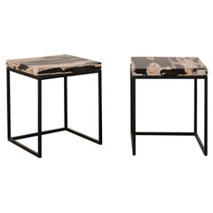 Pair Petrified Wood Top Side Tables on Custom Black Iron Bases 