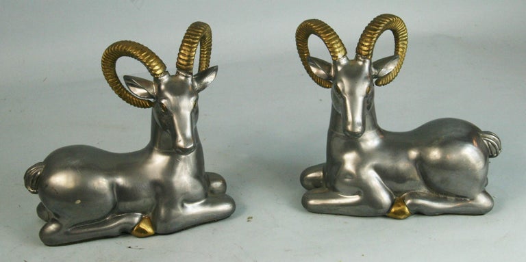 3-760 pair pewter and brass large ram bookends/sculptures.