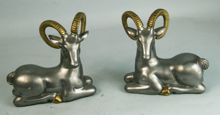 Pair Pewter and Brass Ram Bookends/Sculptures In Good Condition For Sale In Douglas Manor, NY