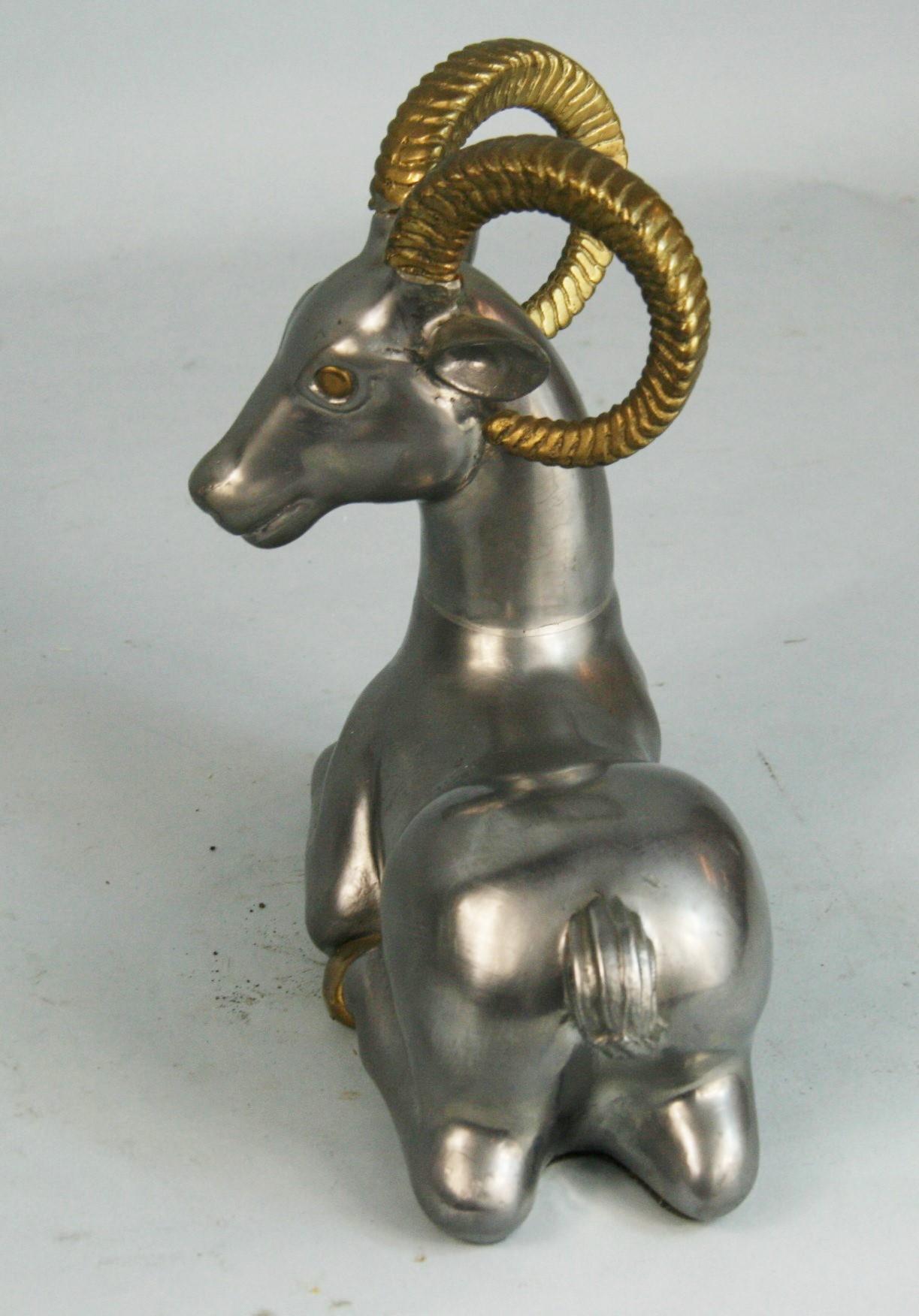 Pair Pewter and Brass Ram Bookends/Sculptures For Sale 1