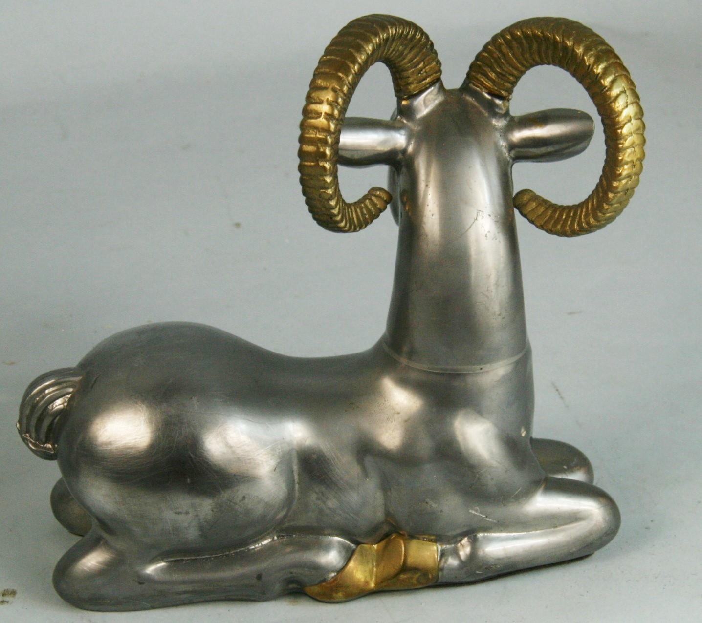 Pair Pewter and Brass Ram Bookends/Sculptures For Sale 2