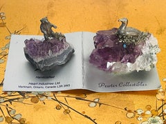 Pair Pewter Animalistic Sculptures on Amethyst Geode Clusters