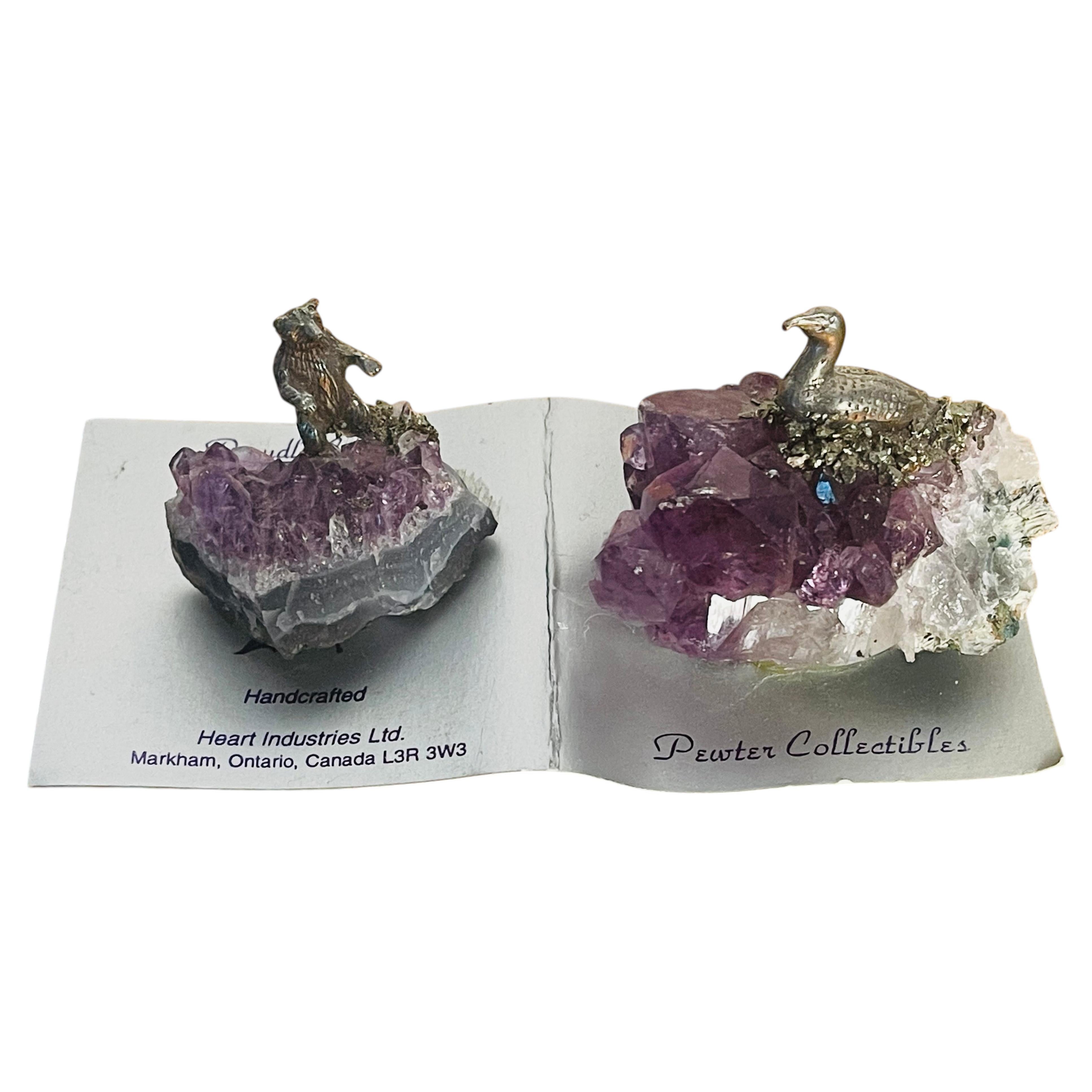 Pair Pewter Animalistic Sculptures on Amethyst Geode Clusters For Sale