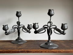 Pair Pewter Candlesticks Art Nouveau Jugendstil "Orivit" Germany