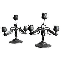 Pair Pewter Candlesticks Art Nouveau Jugendstil "Orivit" Germany