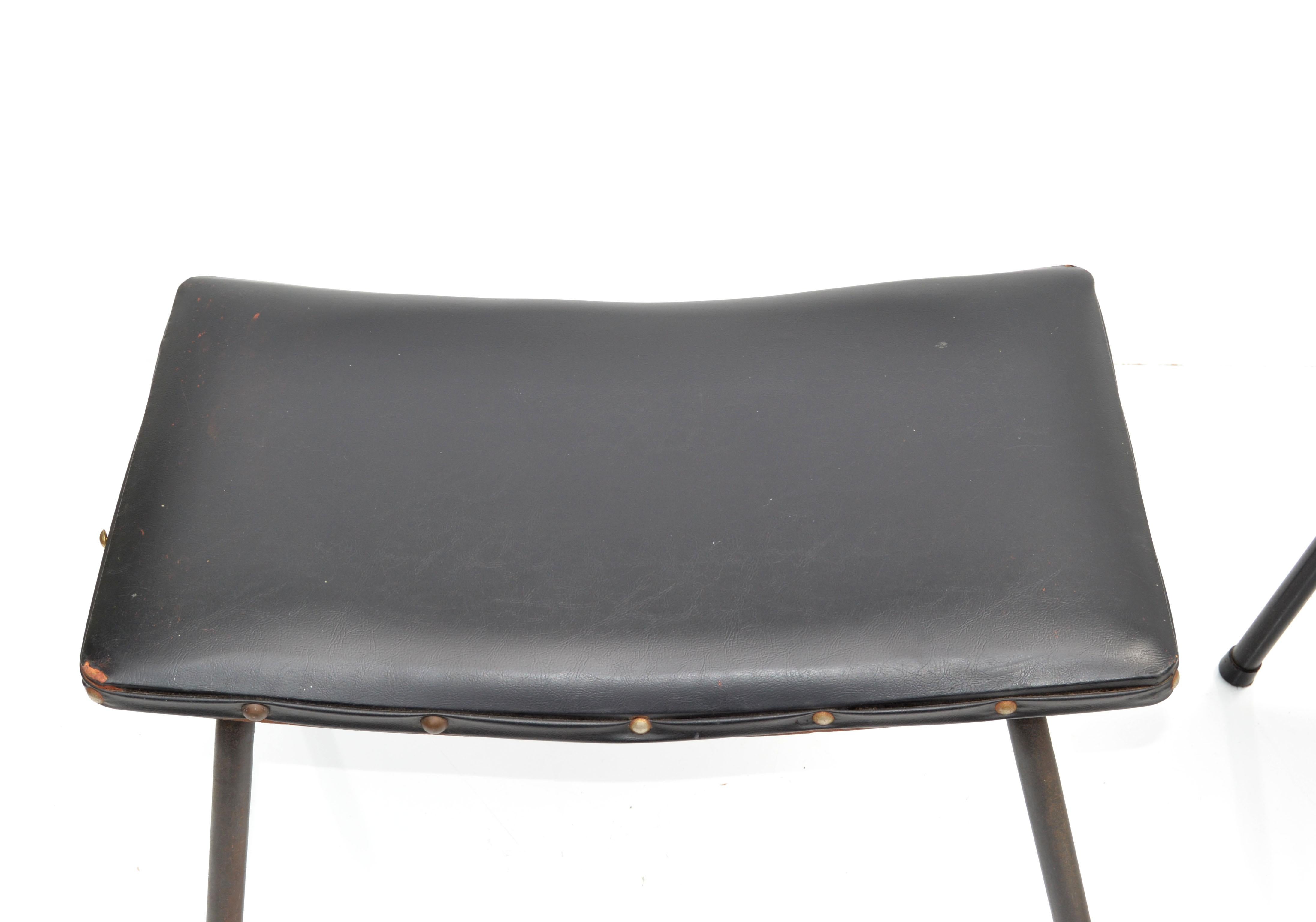Pair, Pierre Guariche French Black Benches Steel & Distressed Faux Leather 1960 For Sale 5