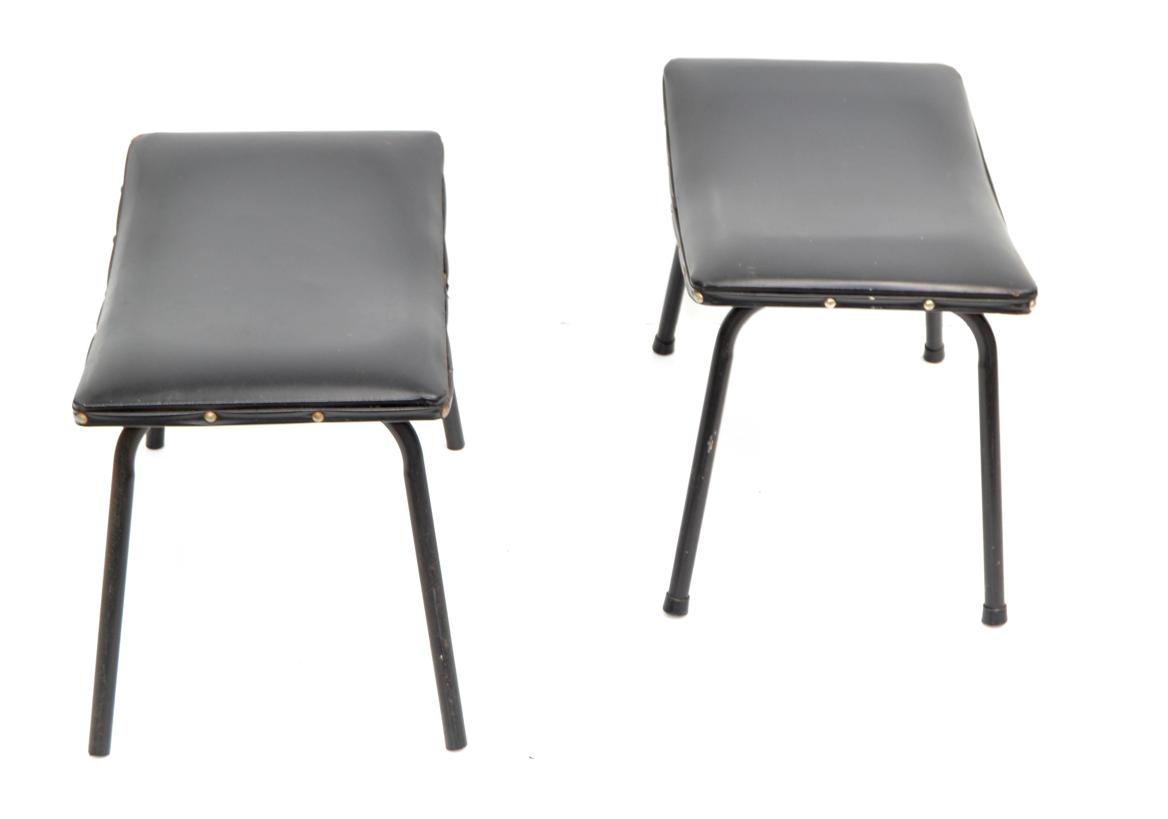 Pair, Pierre Guariche French Black Benches Steel & Distressed Faux Leather 1960 For Sale 9