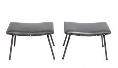Pair, Pierre Guariche French Black Benches Steel & Distressed Faux Leather 1960