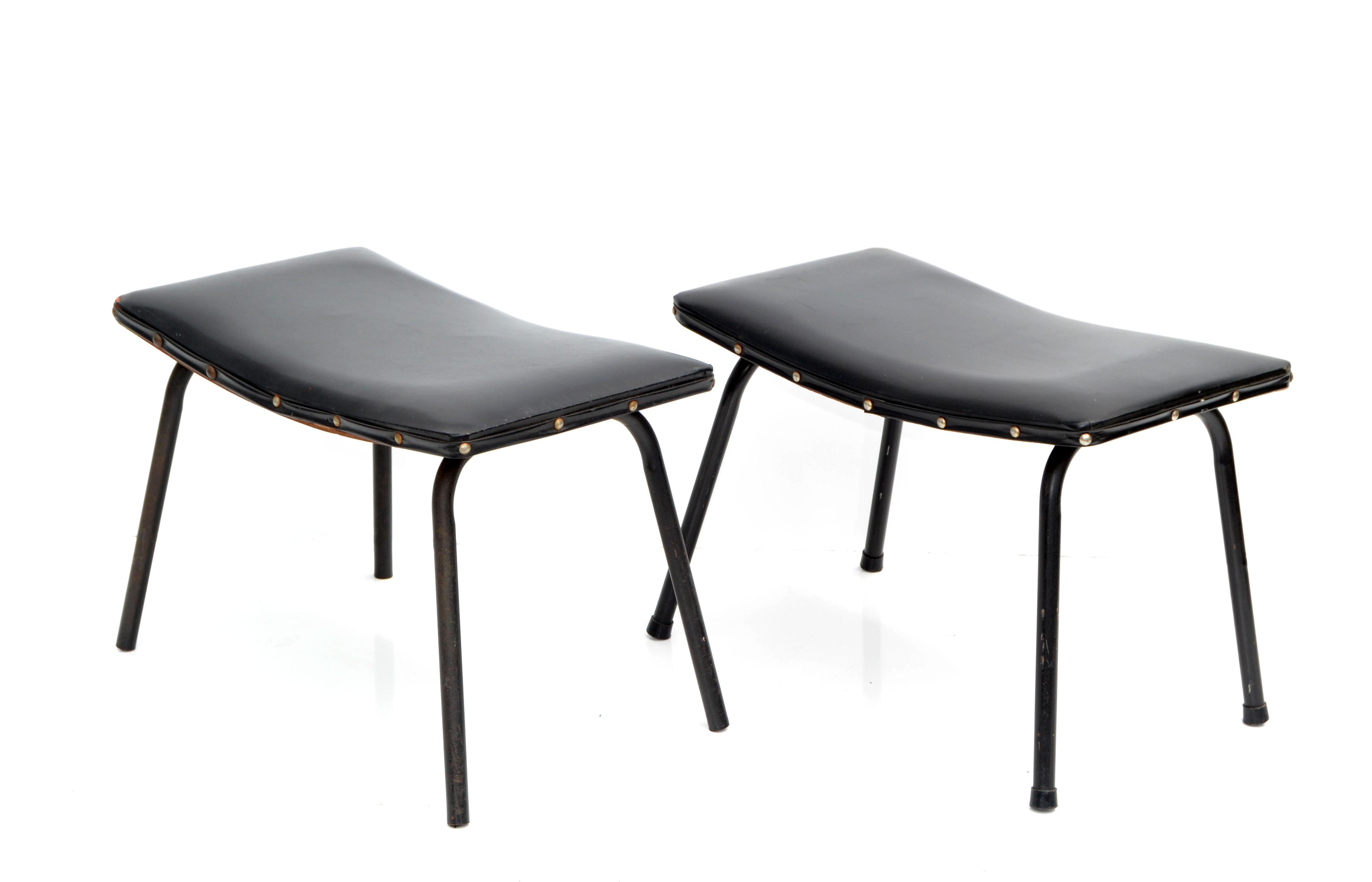 Mid-Century Modern Pair, Pierre Guariche French Black Benches Steel & Distressed Faux Leather 1960 For Sale