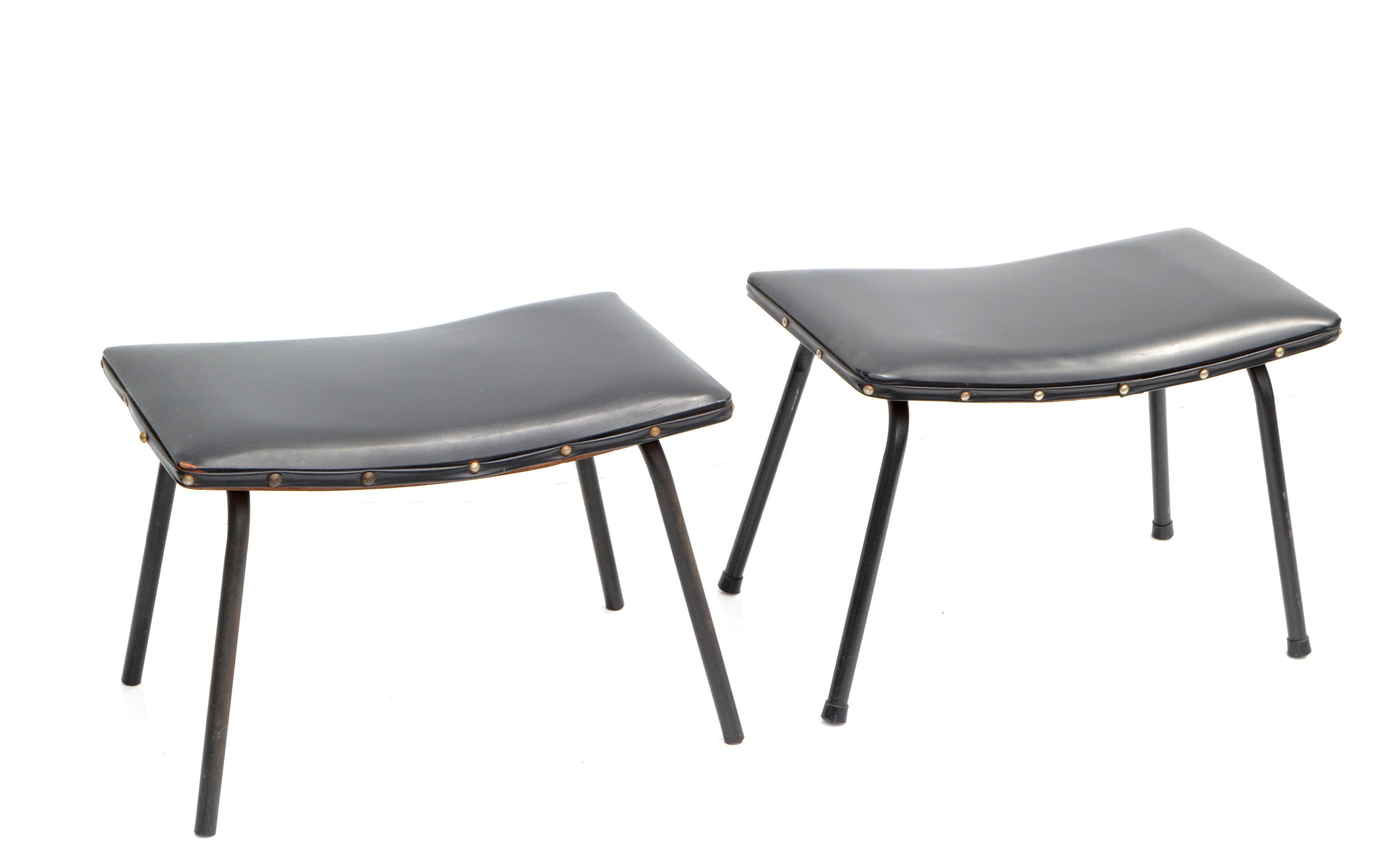 Hand-Crafted Pair, Pierre Guariche French Black Benches Steel & Distressed Faux Leather 1960 For Sale