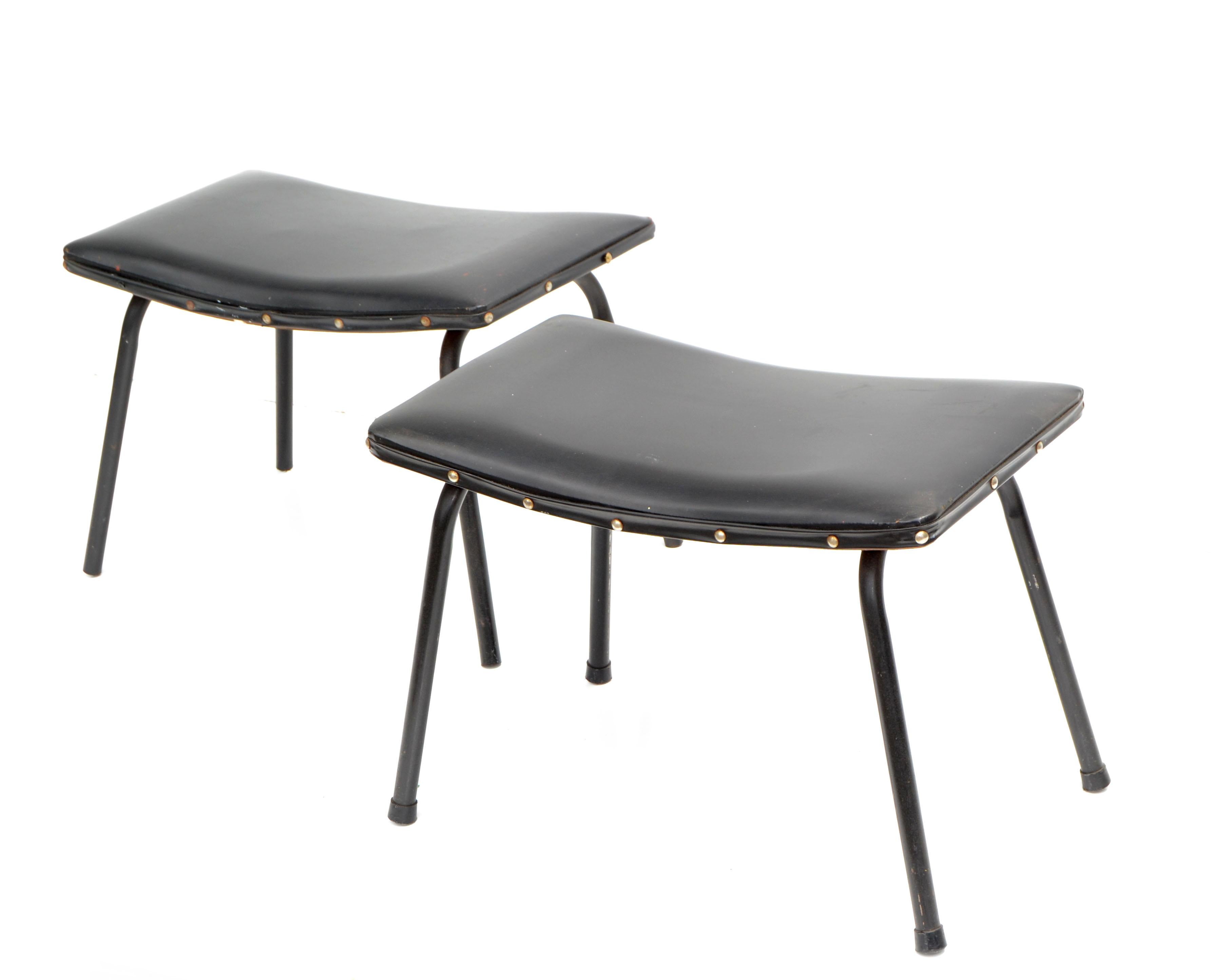 Pair, Pierre Guariche French Black Benches Steel & Distressed Faux Leather 1960 In Fair Condition For Sale In Miami, FL
