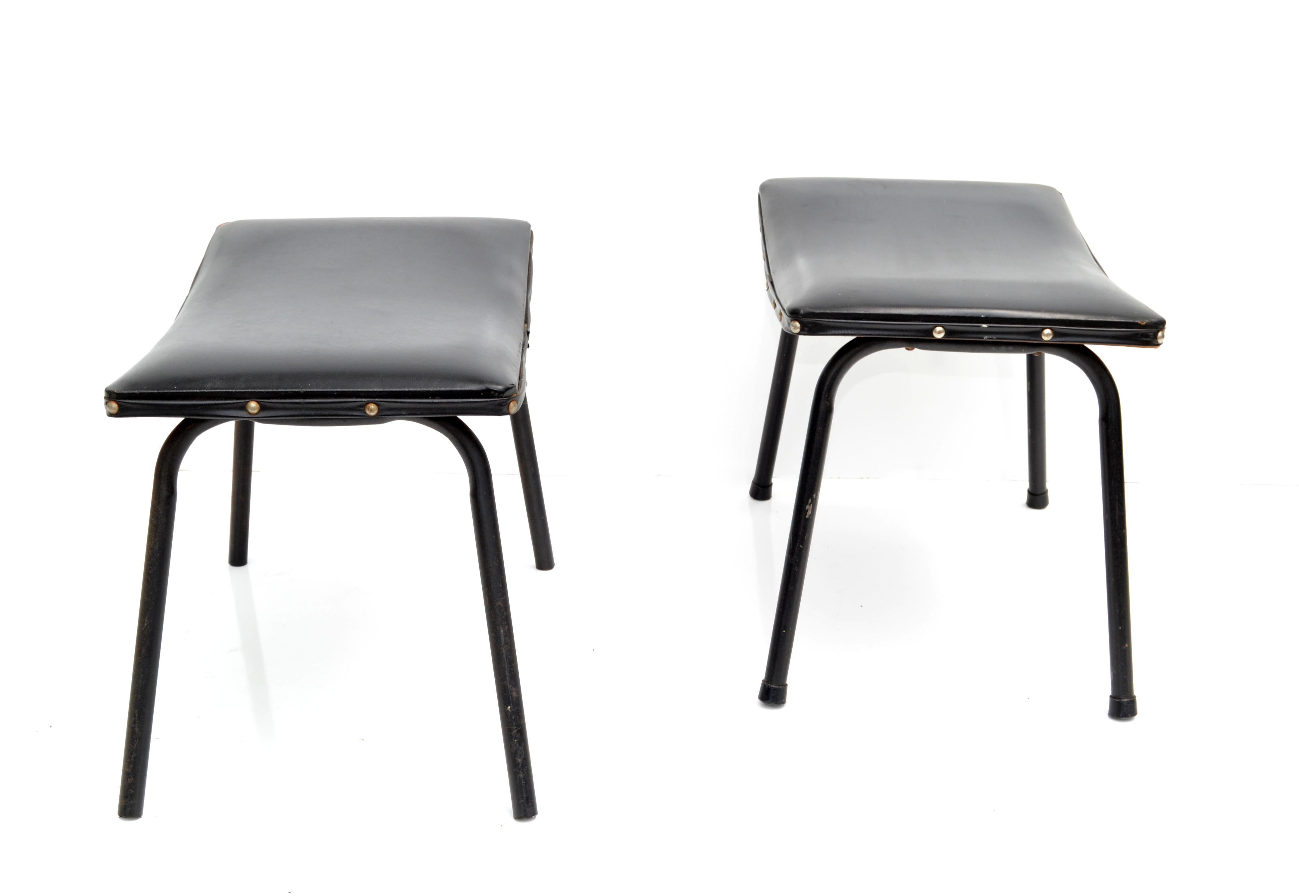 Mid-20th Century Pair, Pierre Guariche French Black Benches Steel & Distressed Faux Leather 1960 For Sale