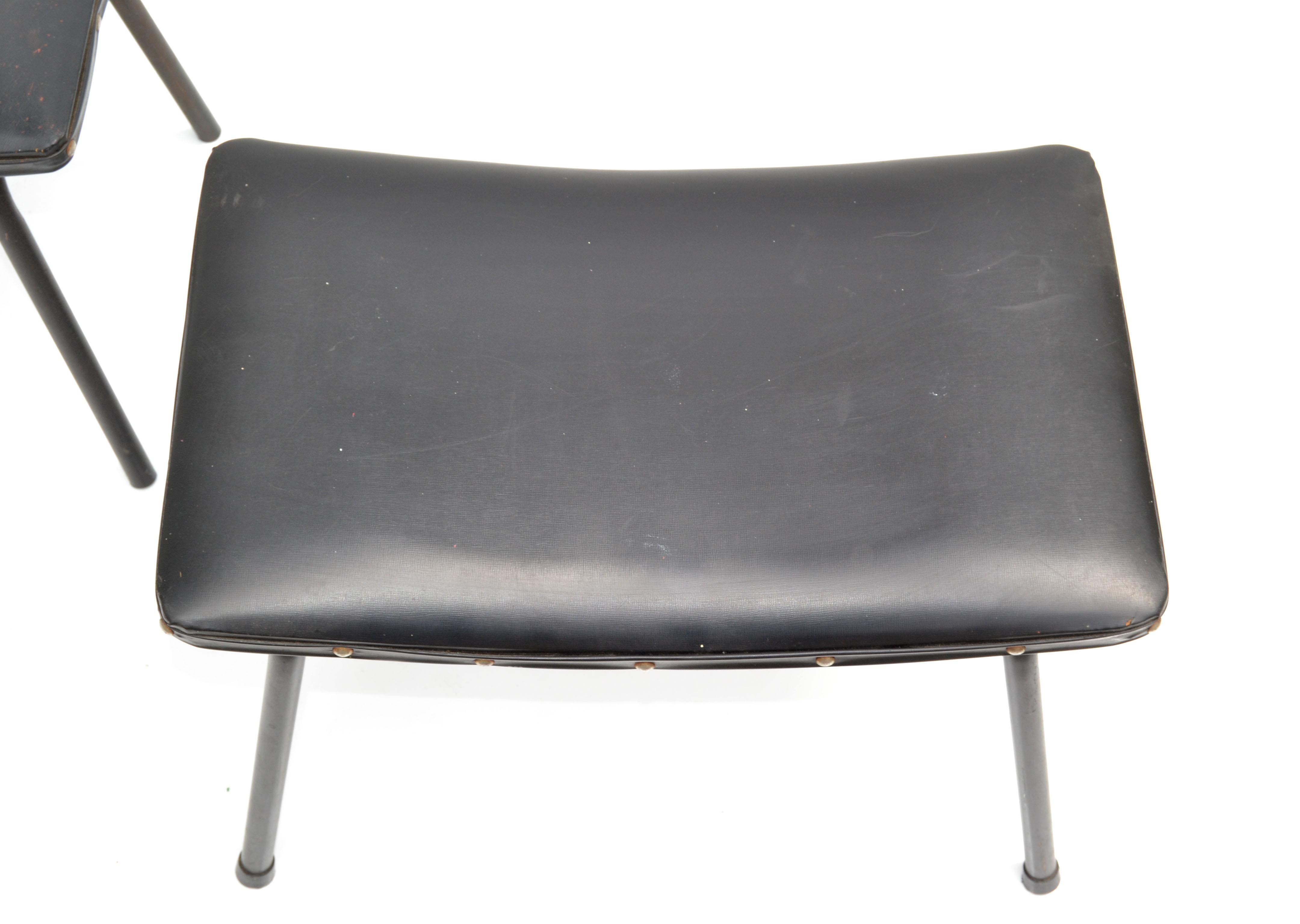 Pair, Pierre Guariche French Black Benches Steel & Distressed Faux Leather 1960 For Sale 1