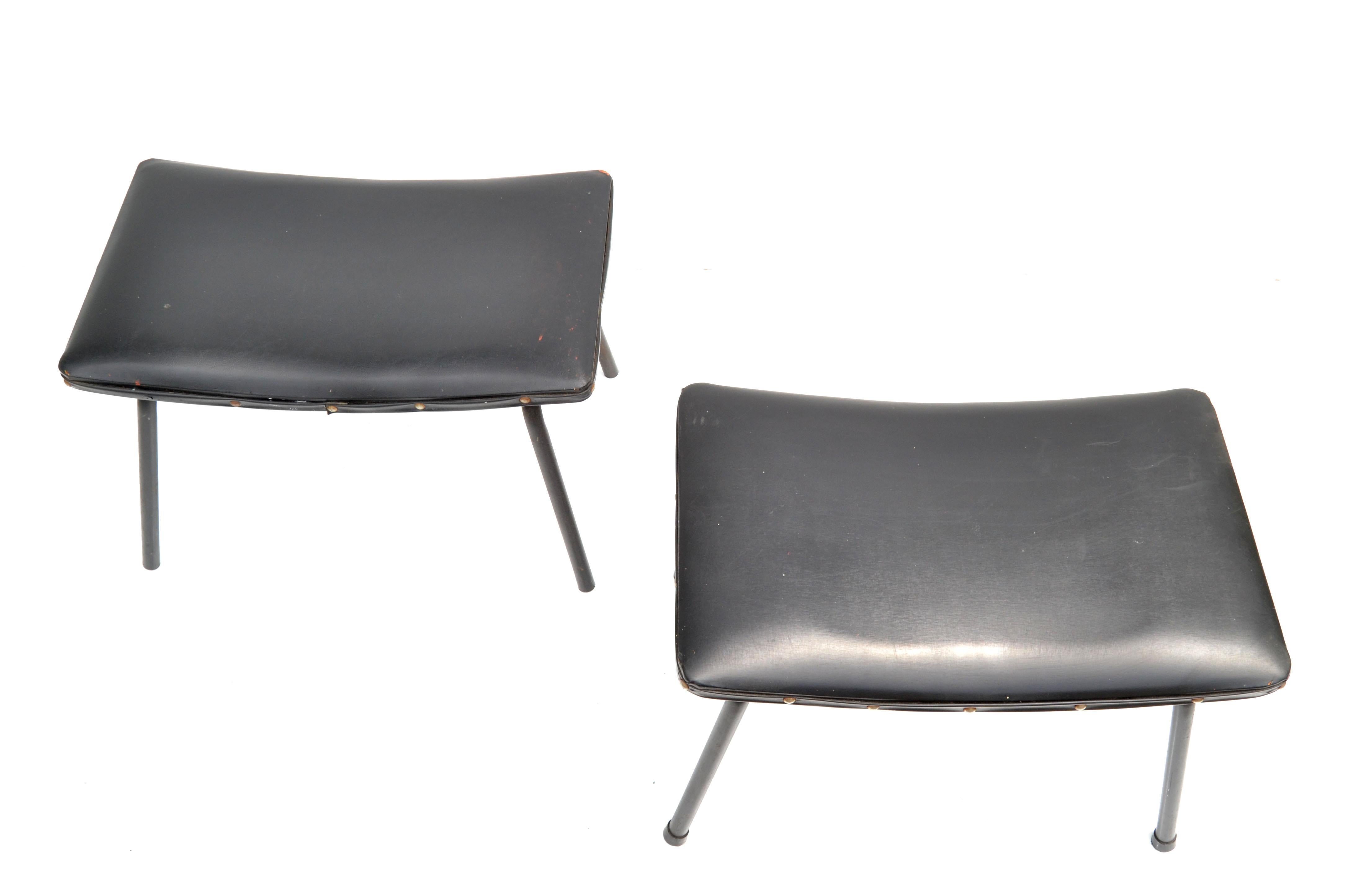 Pair, Pierre Guariche French Black Benches Steel & Distressed Faux Leather 1960 For Sale 2