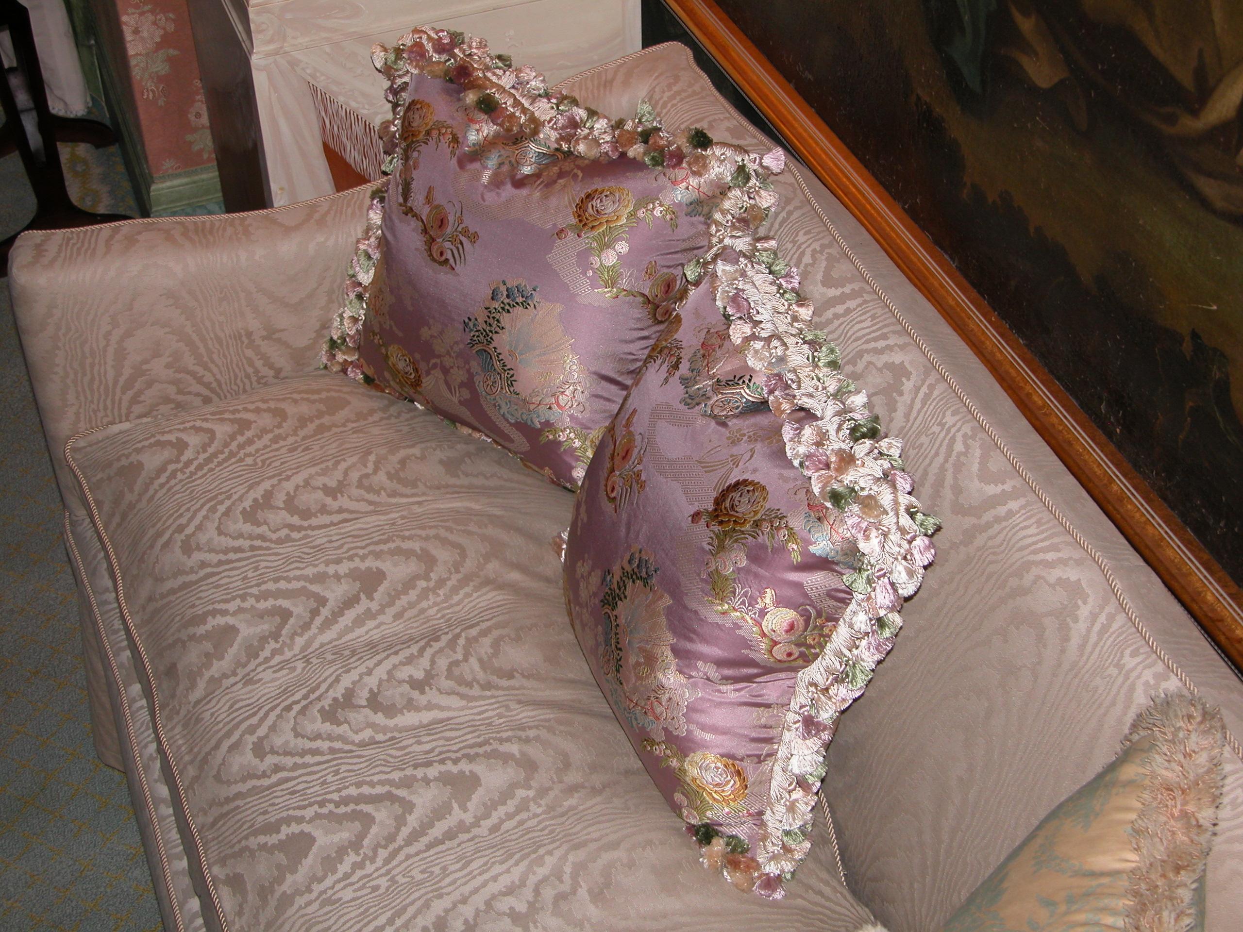 Louis XV Pillows Made of French Silk Brocade with Scalamandre Silk Tassel Trimming, Pair For Sale