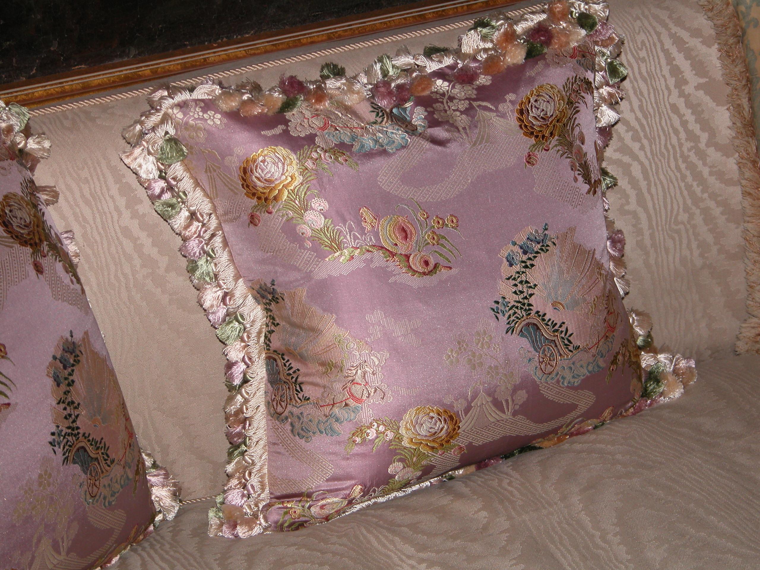 Contemporary Pillows Made of French Silk Brocade with Scalamandre Silk Tassel Trimming, Pair For Sale