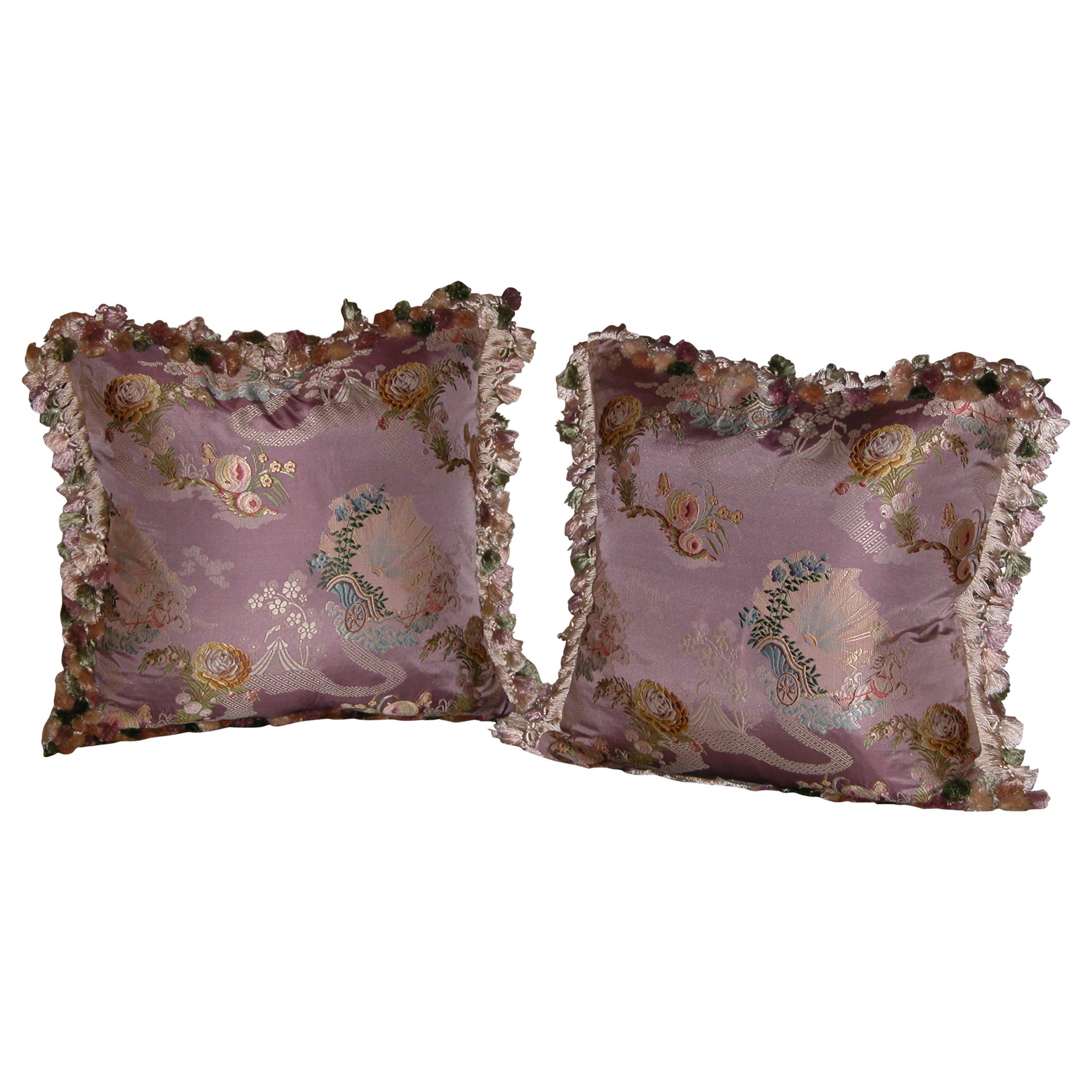 Pair Pillows Made of French Silk Brocade with Scalamandre Silk Tassel Trimming