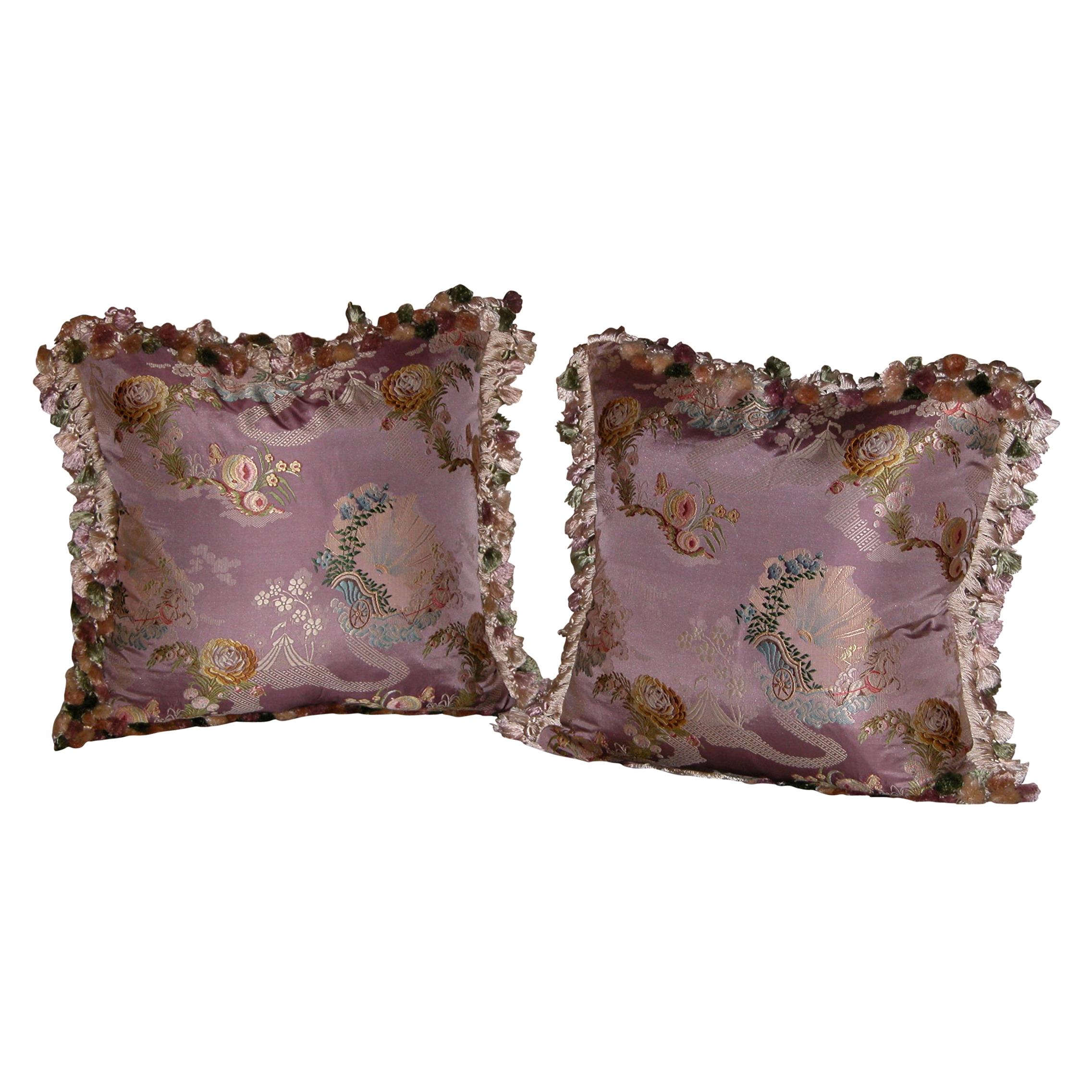 Pillows Made of French Silk Brocade with Scalamandre Silk Tassel Trimming, Pair For Sale