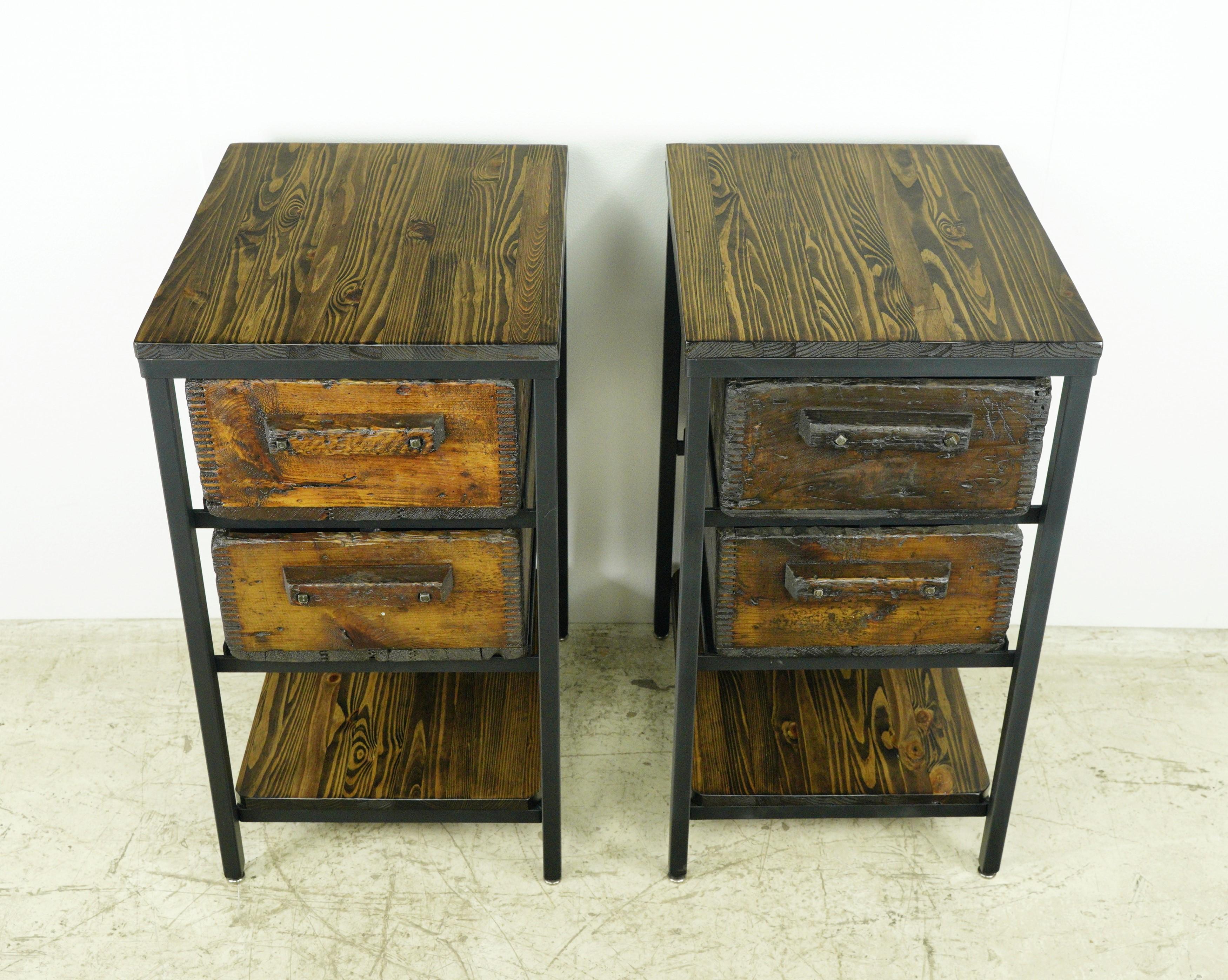 Meticulously crafted, these tables feature newly constructed black steel frames paired with pine table tops and two antique reclaimed pine drawers reclaimed from Massachusetts, creating a harmonious blend of industrial and rustic elements. The