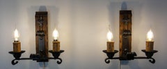 French Pair Pine & Wrought Iron Double Sconces Spanish Style Wall Lights, 1960