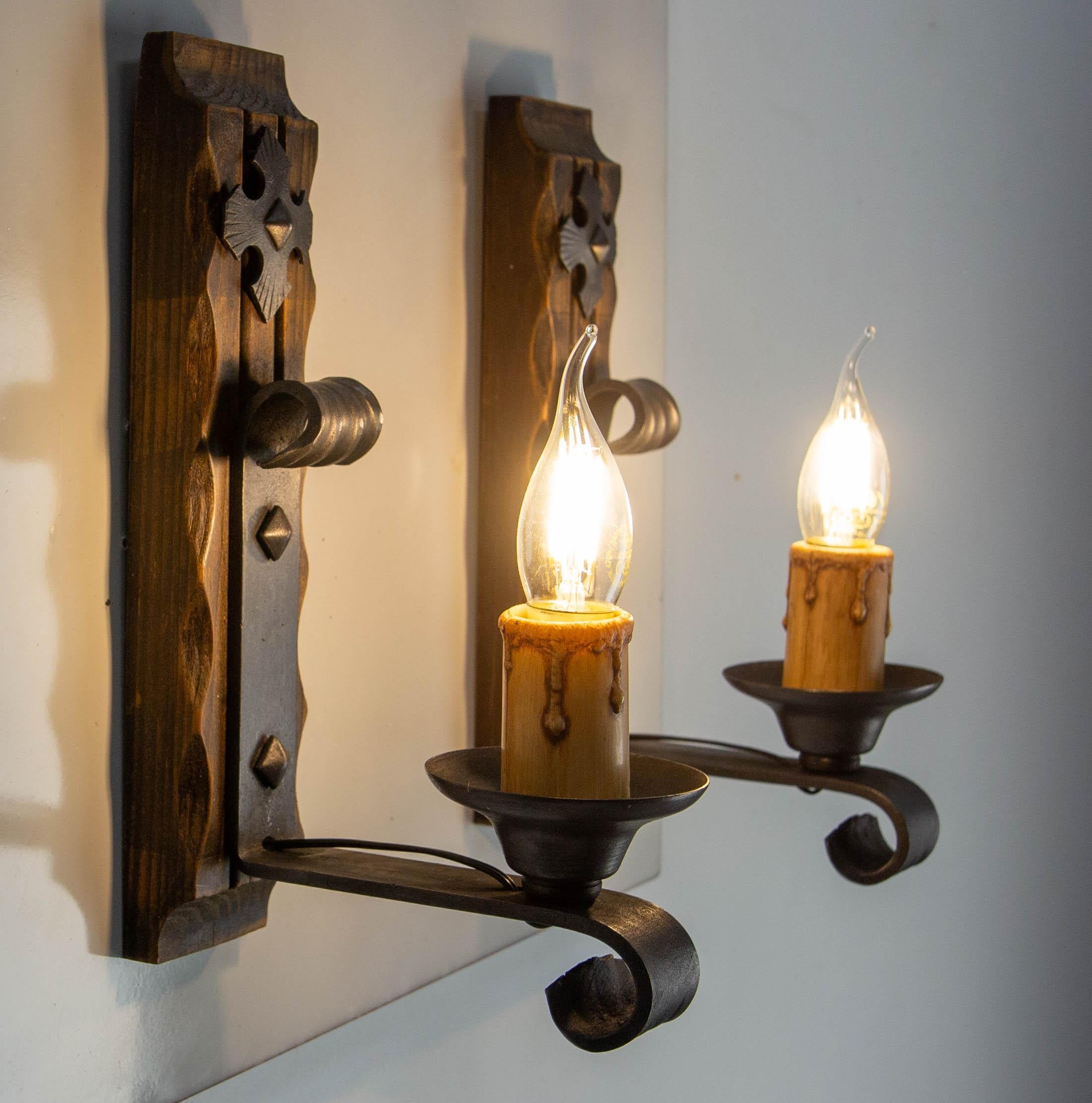 Mid-Century Modern Pair Pine & Wrought Iron Sconces Wall Lights French, 1960 For Sale