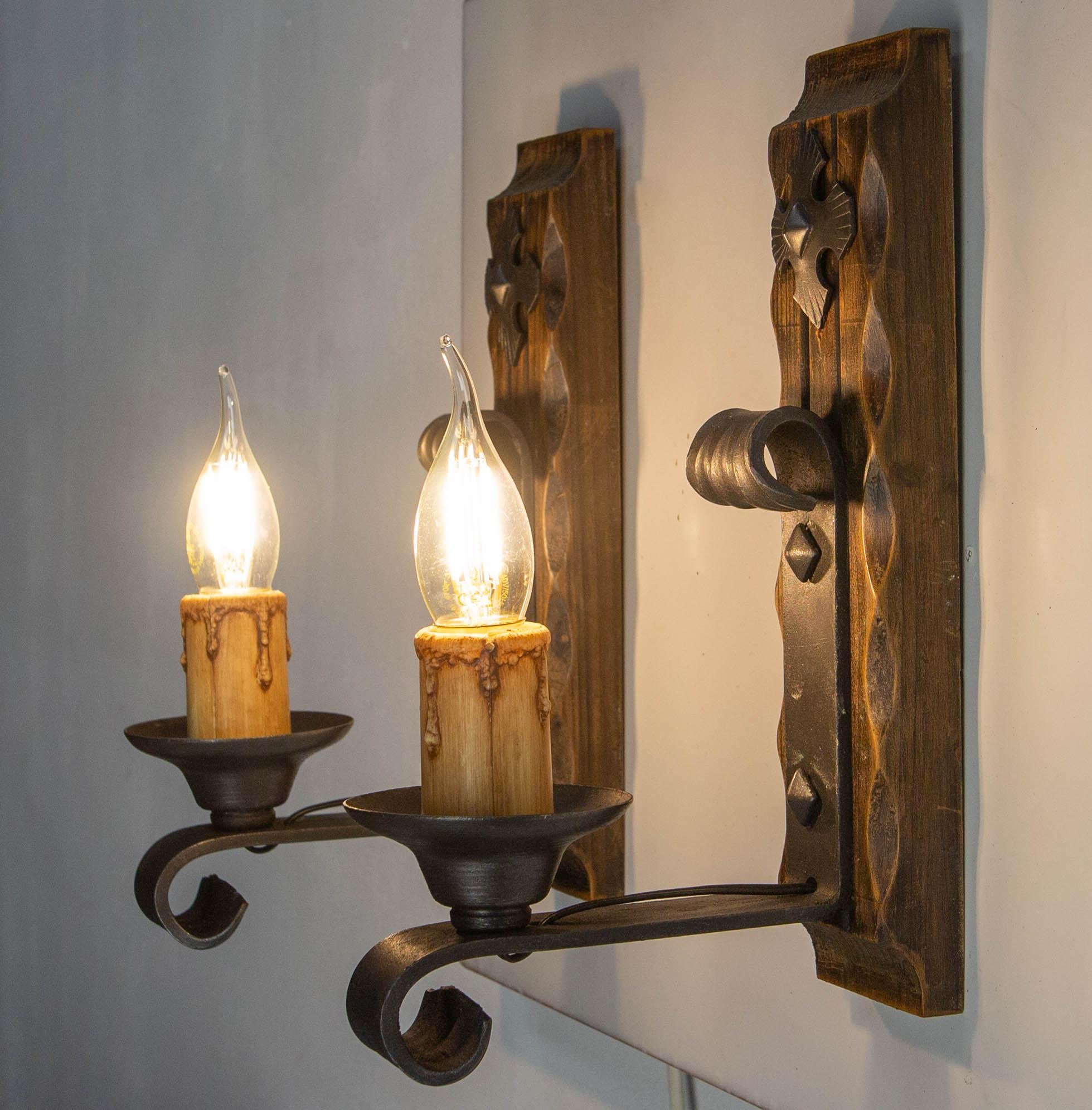 20th Century Pair Pine & Wrought Iron Sconces Wall Lights French, 1960 For Sale