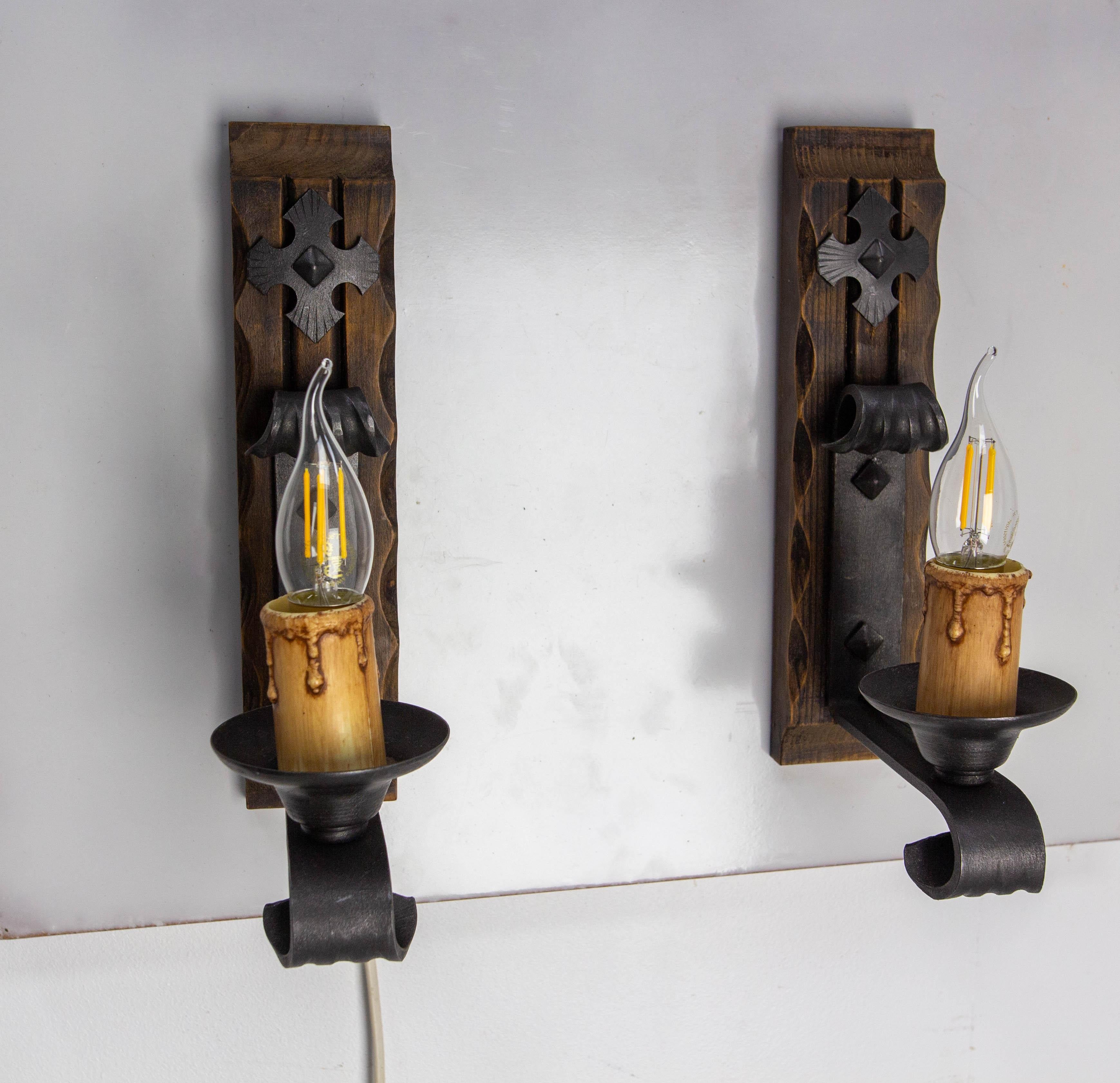 Pair Pine & Wrought Iron Sconces Wall Lights French, 1960 For Sale 1