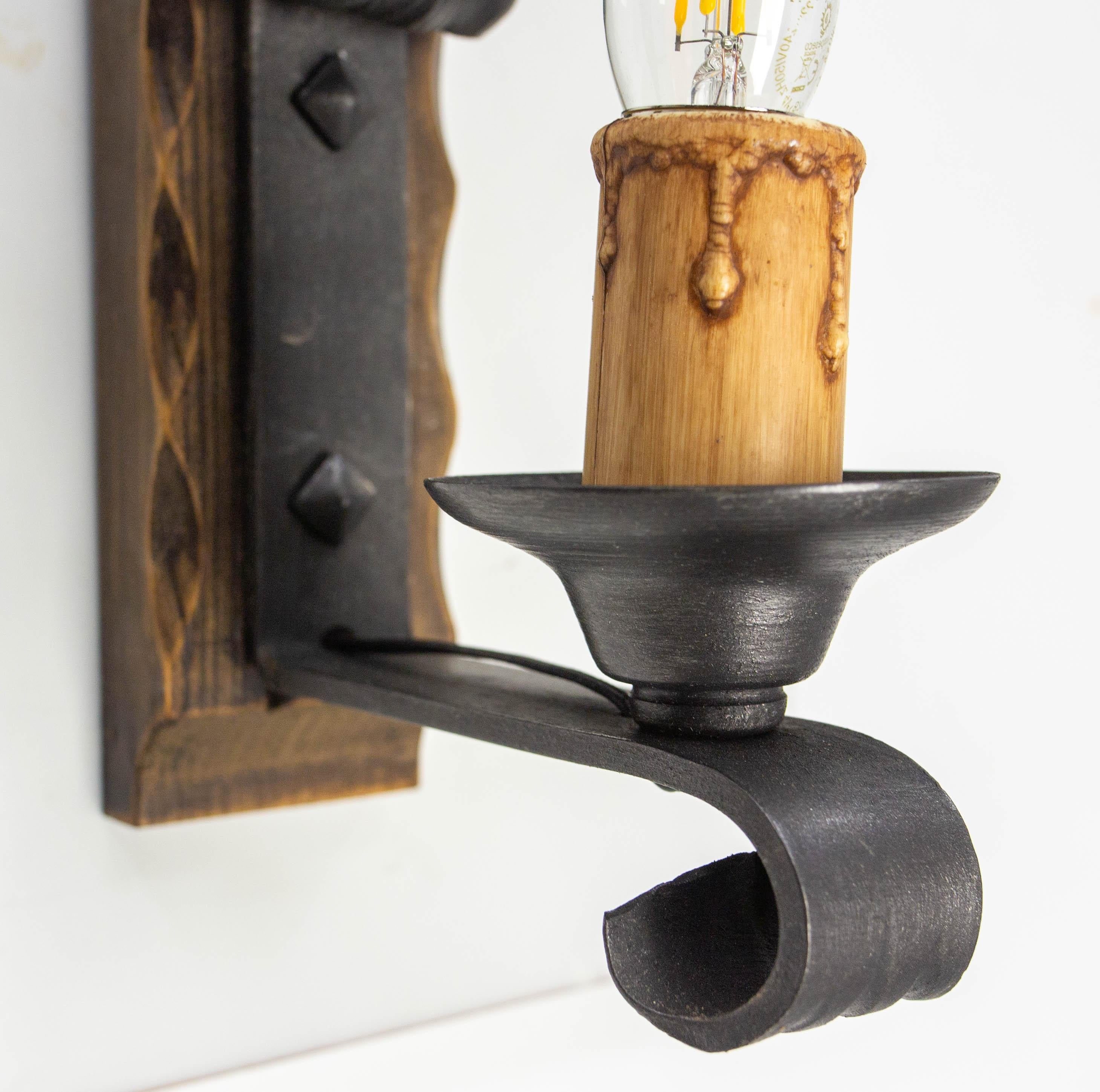 Pair Pine & Wrought Iron Sconces Wall Lights French, 1960 For Sale 2