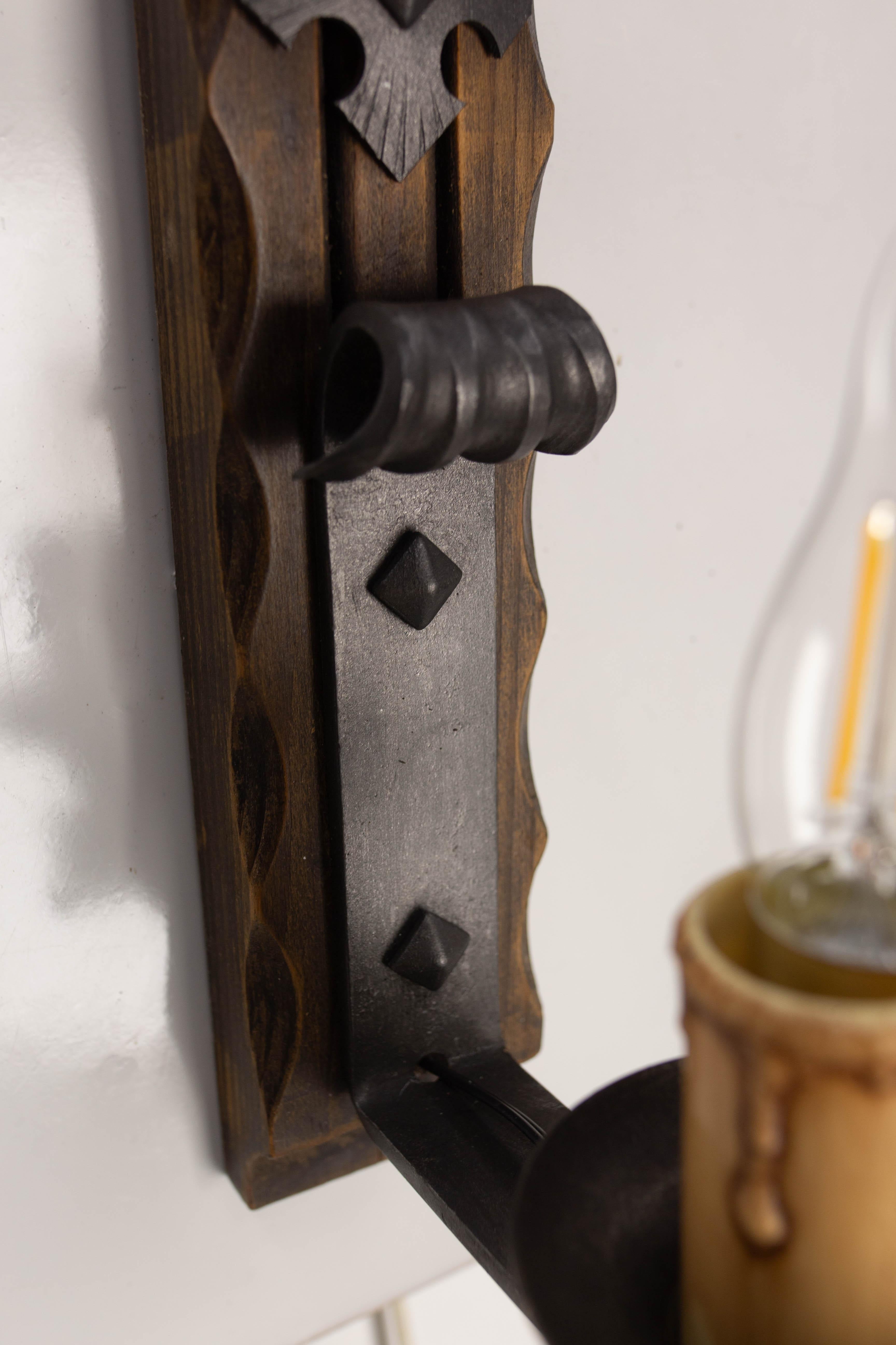 Pair Pine & Wrought Iron Sconces Wall Lights French, 1960 For Sale 4