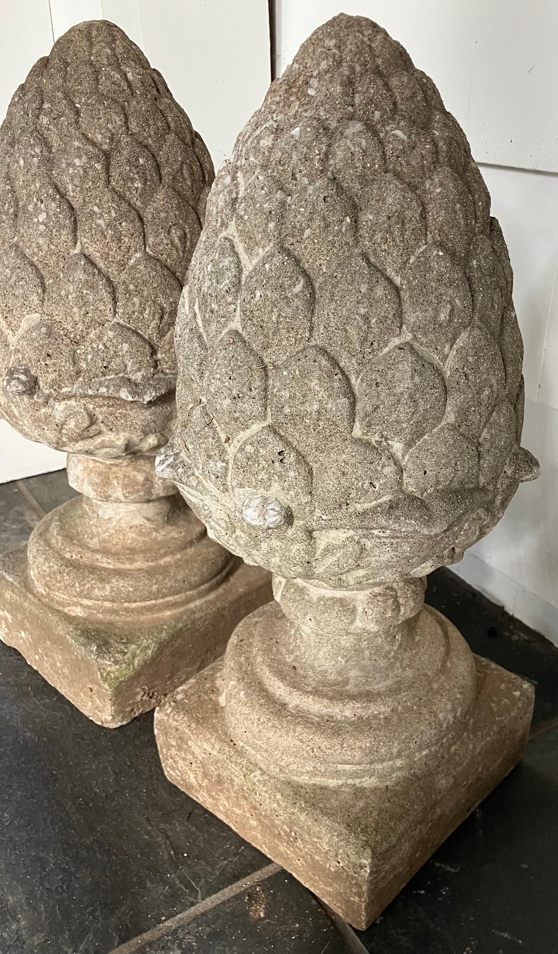 Mid-20th Century Pair Pinecone Cast Stone Finials For Sale