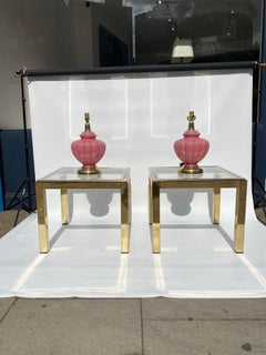 Pair Pink Glass Table Lamps Brass Gold 1980s Vintage Hollywood Regency sideboard
